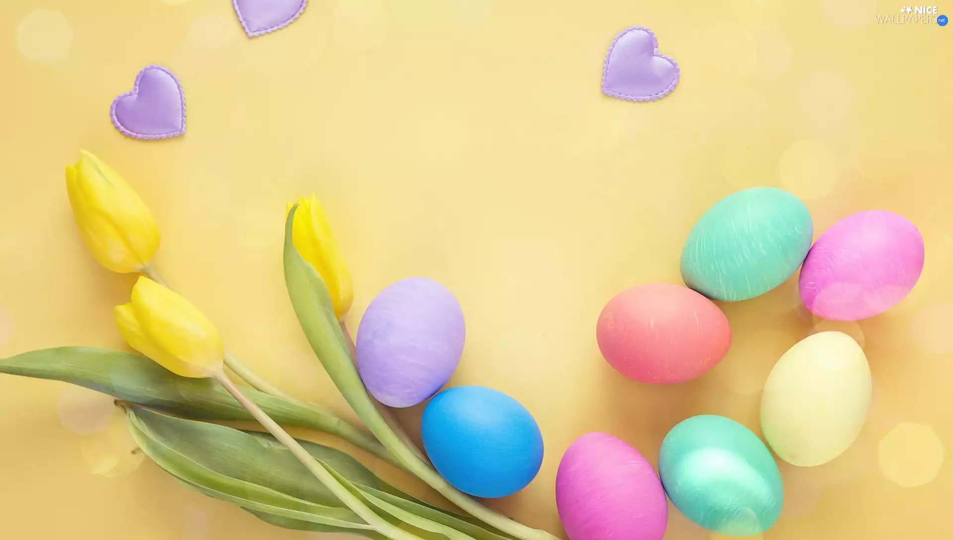 Flowers, Easter, Tulips, hearts, Yellow, eggs
