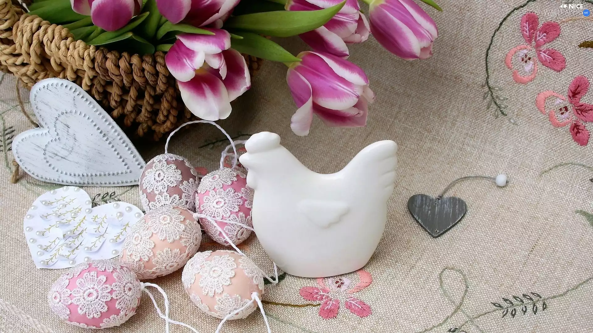 cocking, eggs, Embroidered, hearts, Easter, Tulips, napkin