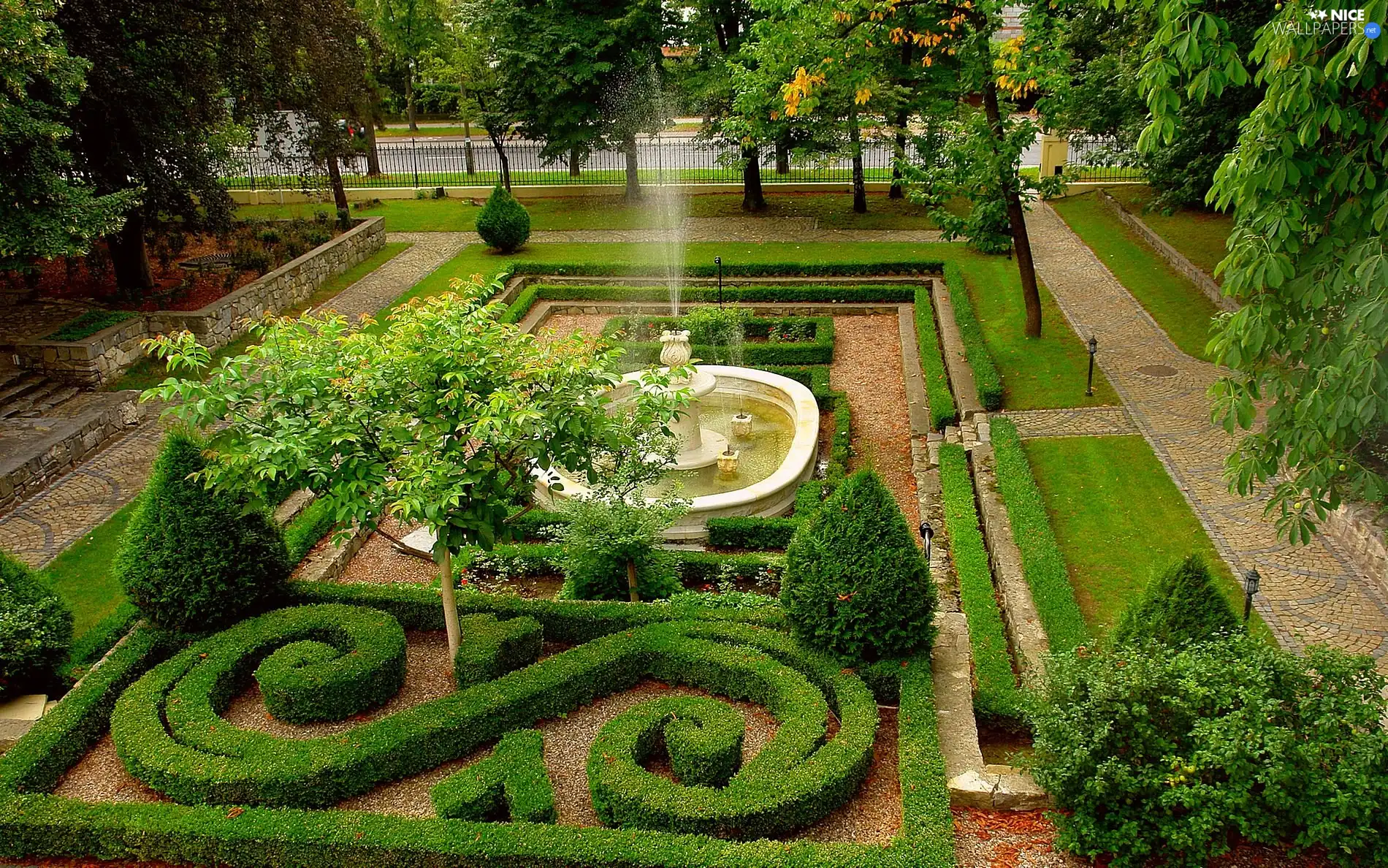 hedge, fountain, botanical, decorated, Garden