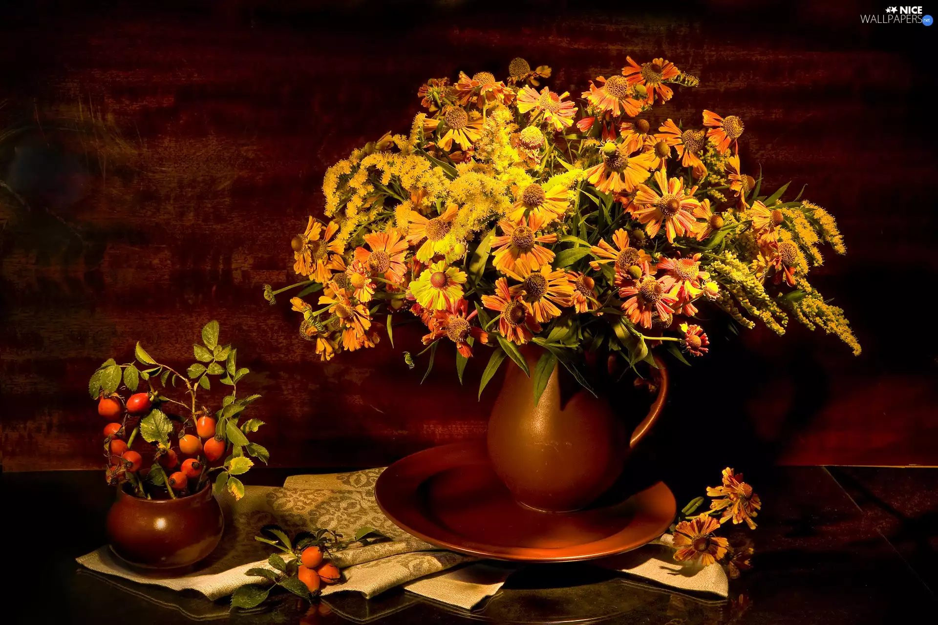 Flowers, bouquet, jug, Helenium