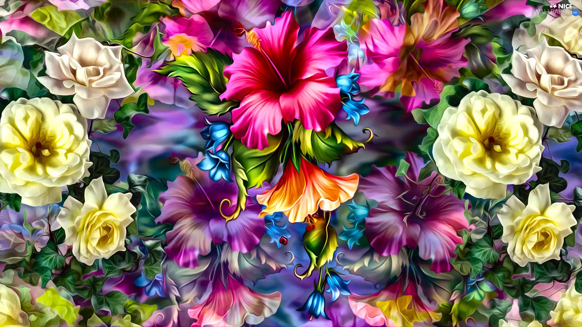 Flowers, rose, graphics, hibiskus