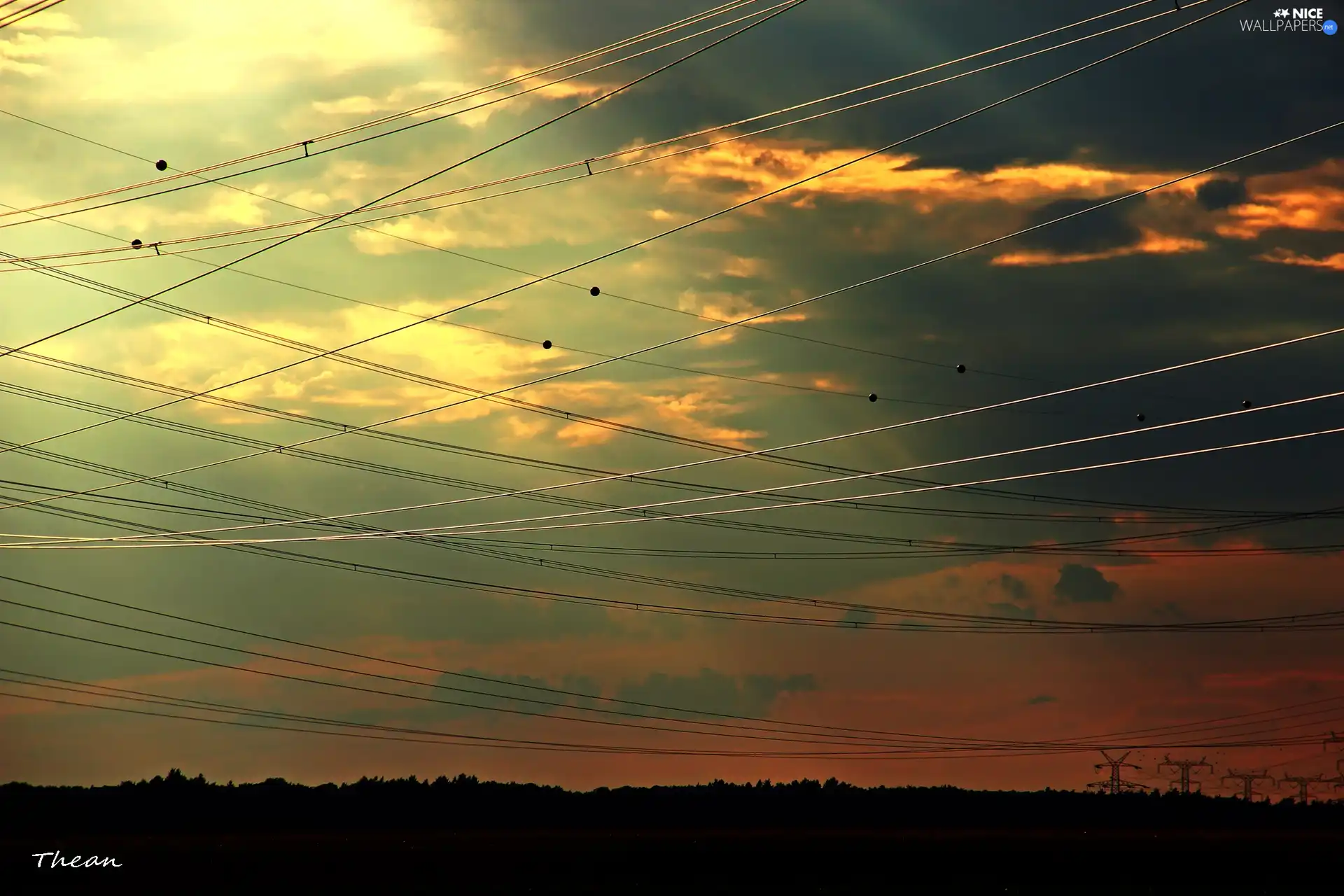 rays, clouds, high, tensions, lines, Sky