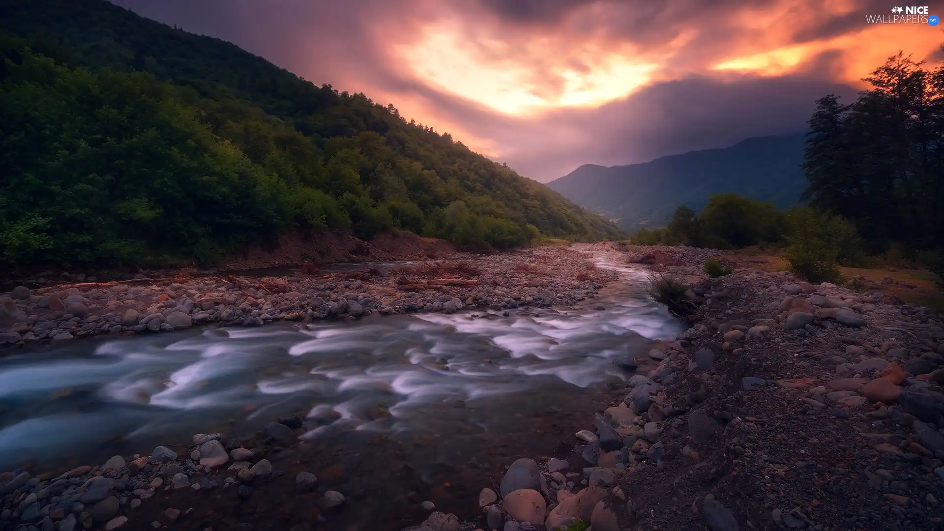 Mountains, Stones, viewes, Hill, River, trees, forest