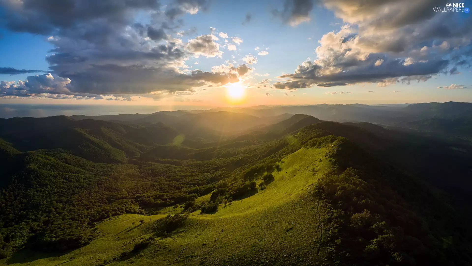 Valley, green ones, Sunrise, clouds, Mountains, The Hills
