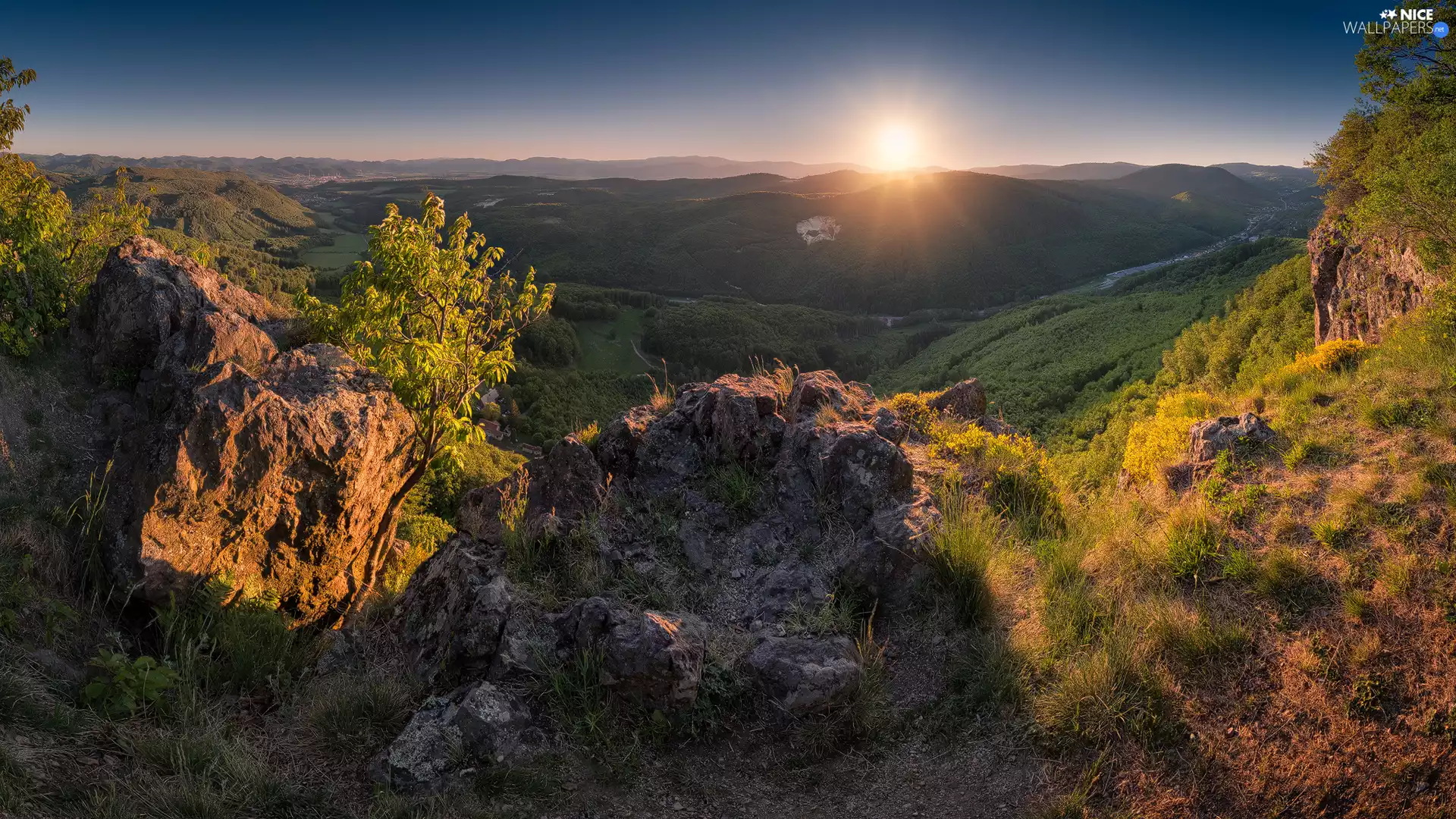Valley, Sunrise, The Hills, Mountains, rocks