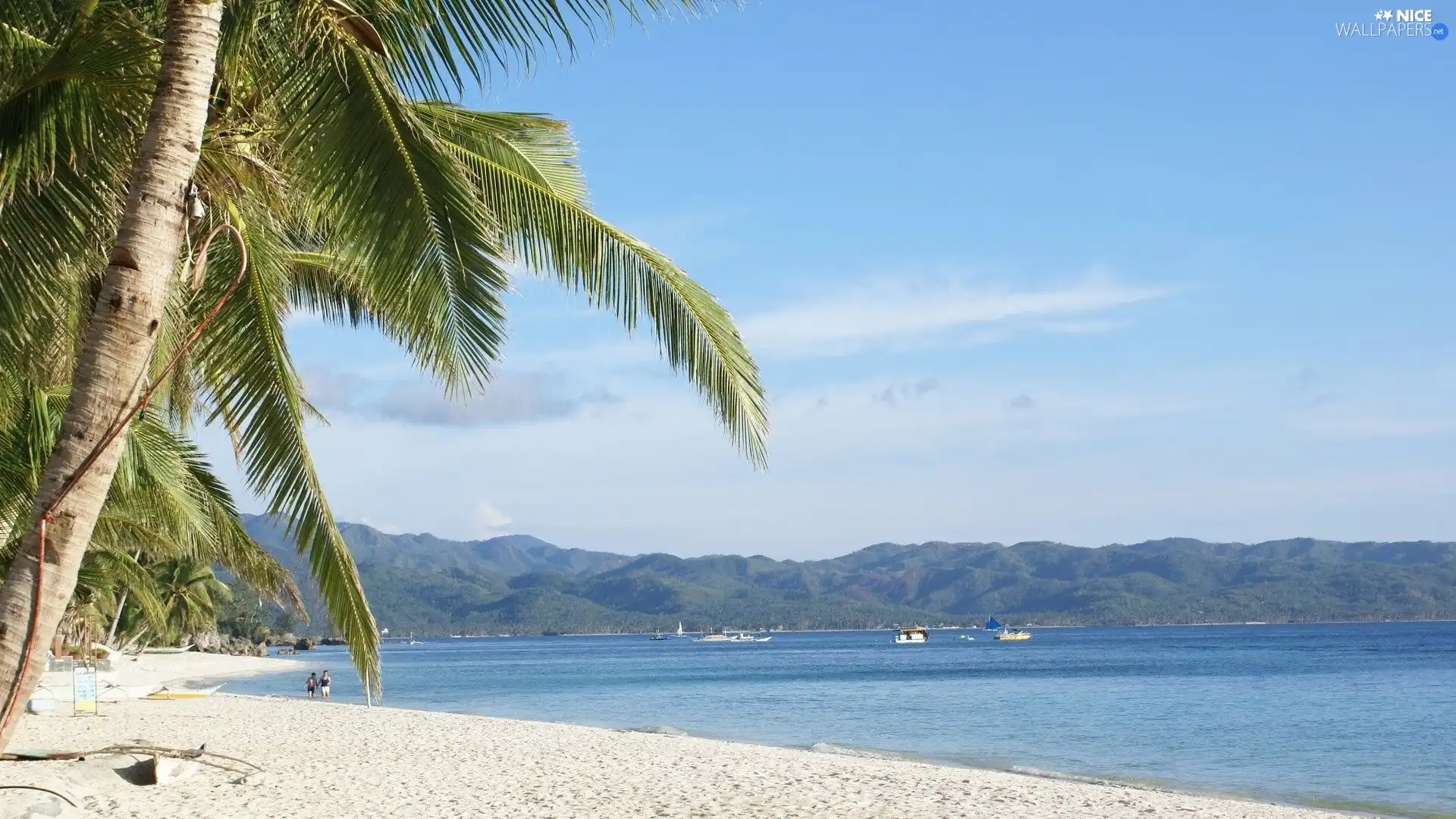 water, Sand, The Hills, Sky, Boats, Palm