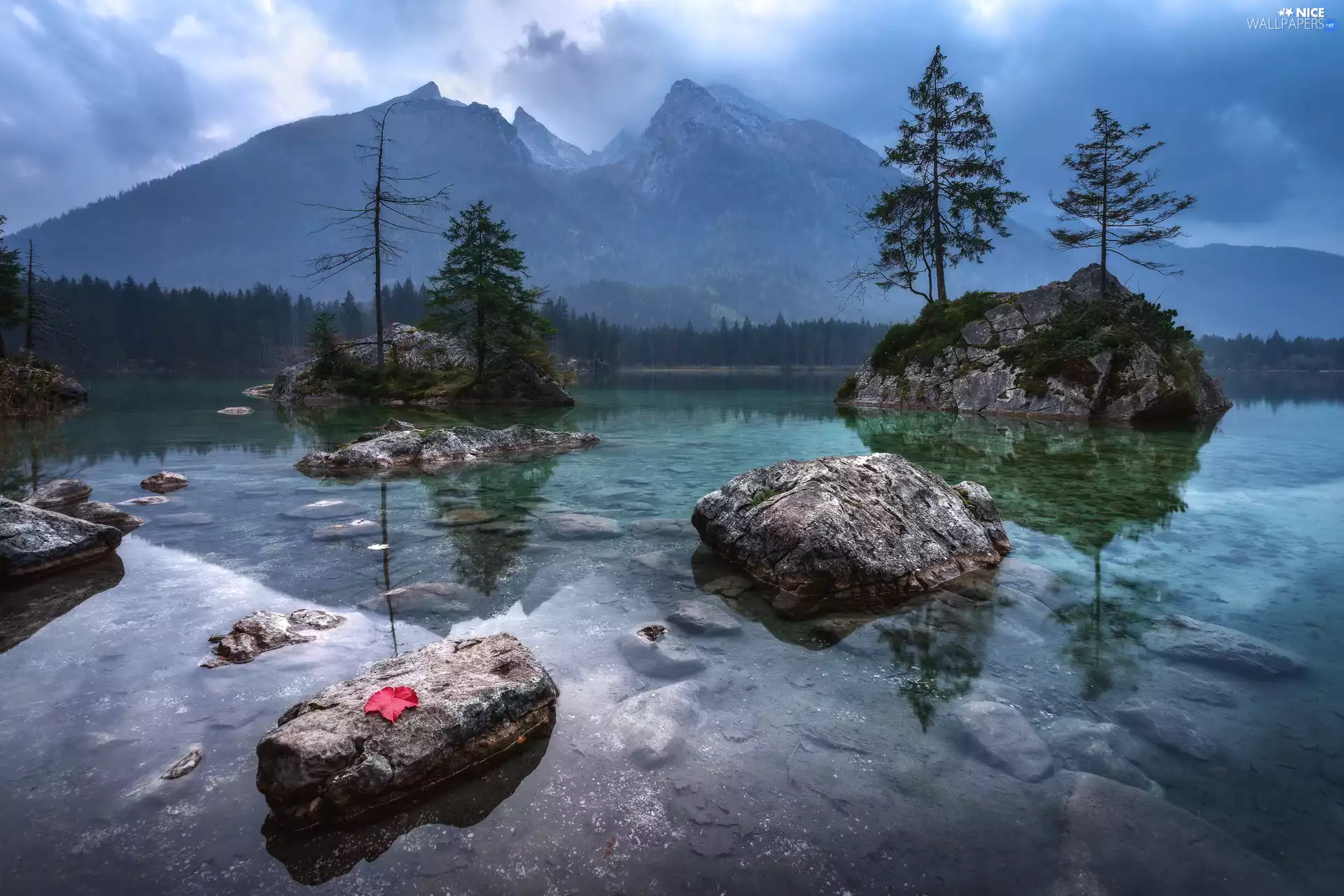 trees, Mountains, Stones, Bavaria, Red, Lake Hintersee, rocks, Germany, viewes, leaf