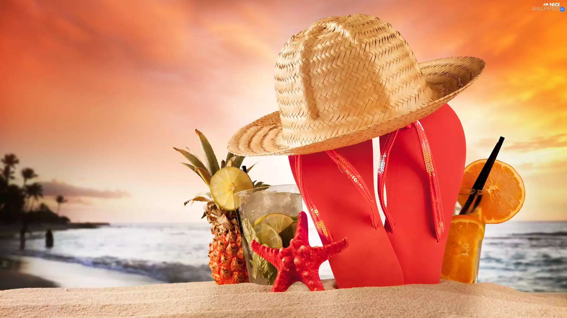 starfish, drinks, Hat, holiday, Flaps, ananas