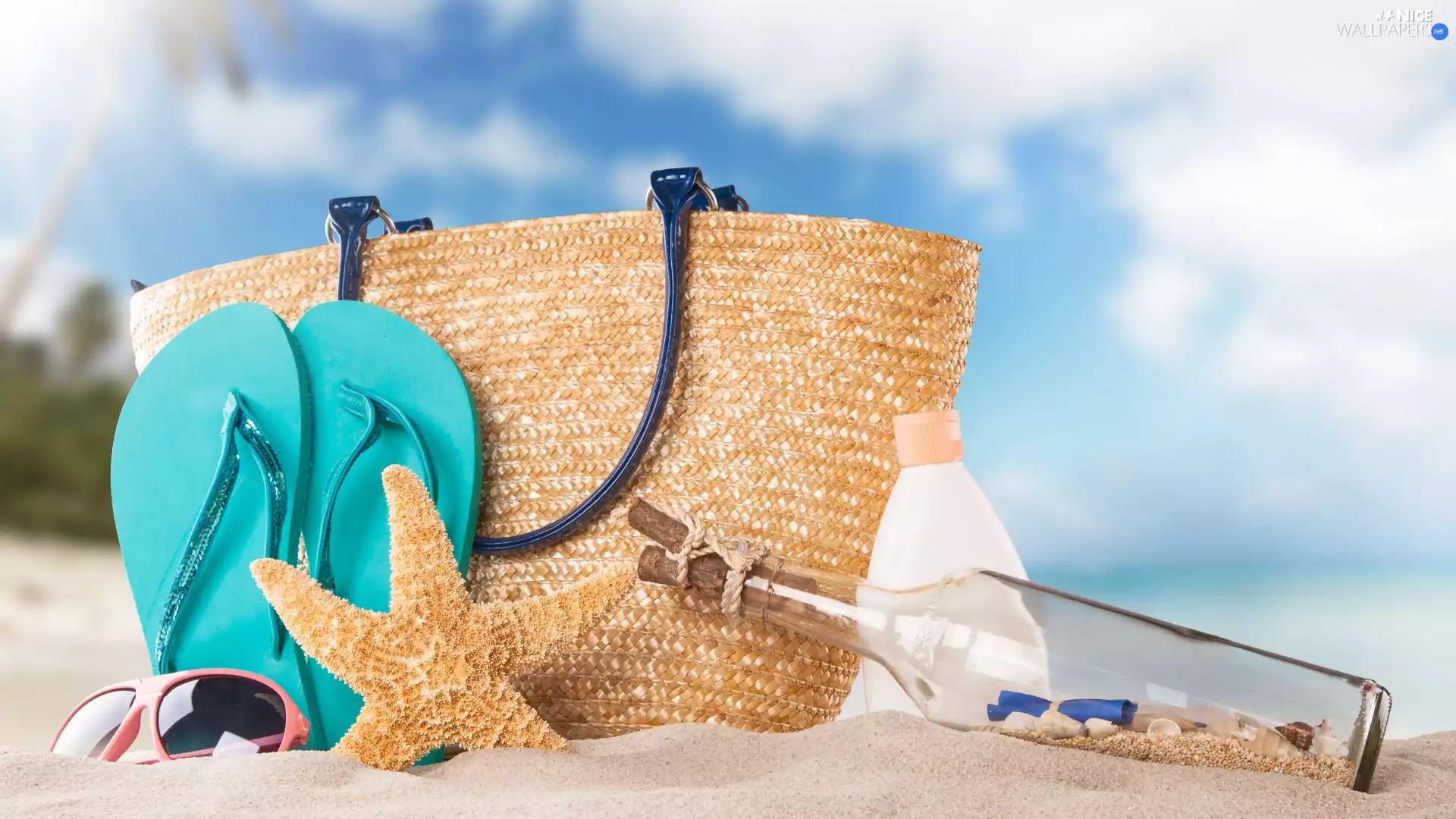 Bottle, bag, Glasses, holiday, starfish, Flaps