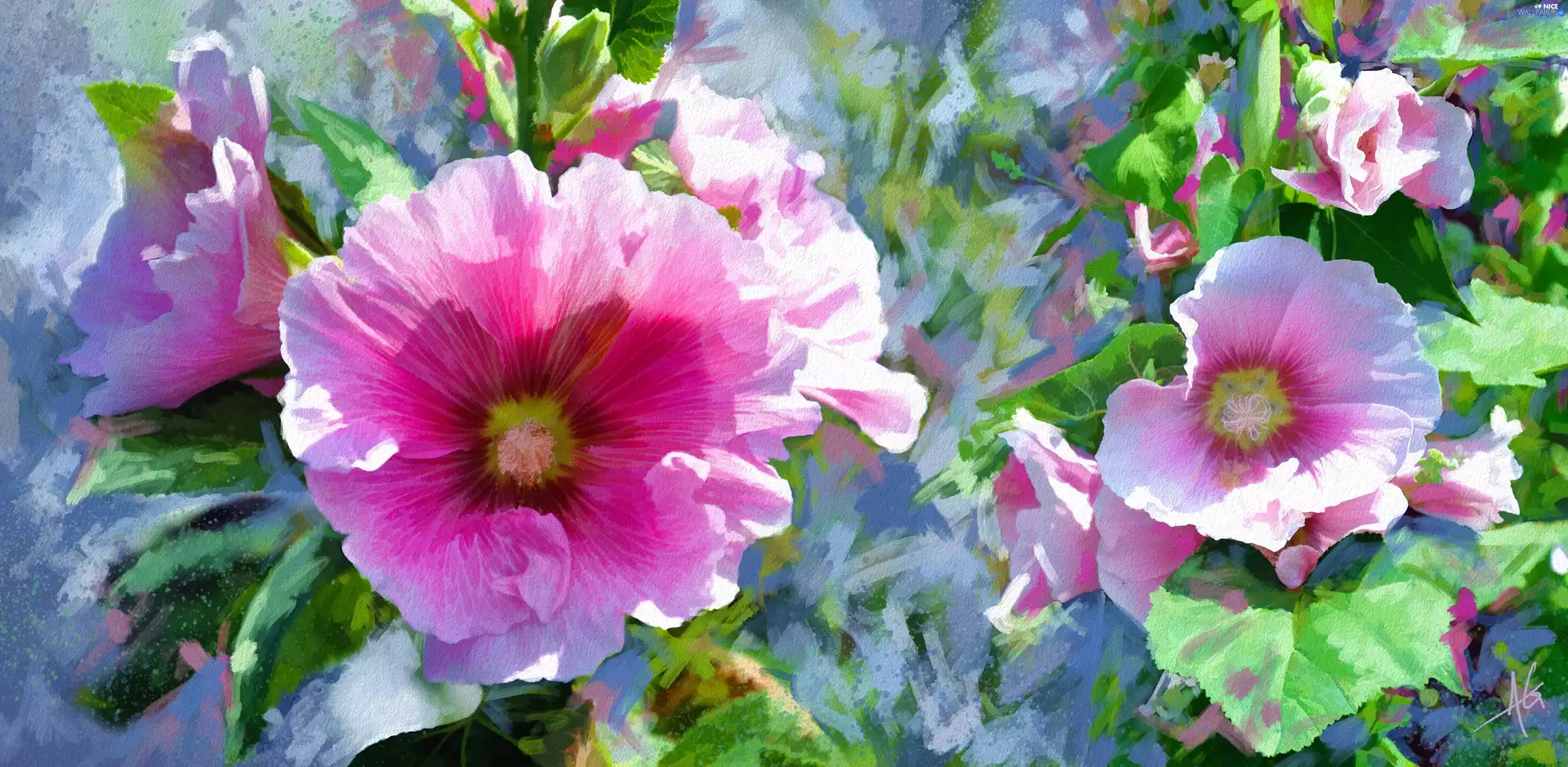 Hollyhocks, ligh, Alberto Guillen, sun, luminosity, watercolor, picture, flash