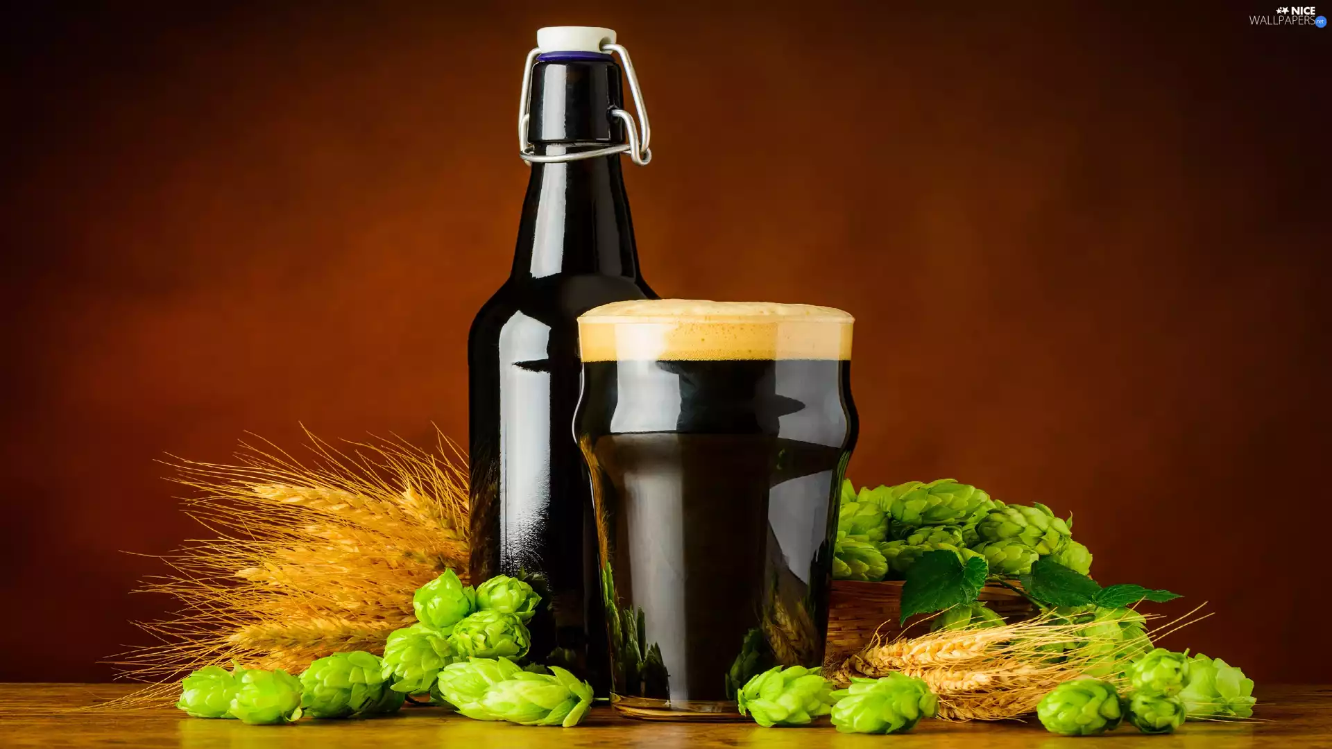 Bottle, dark, barley, hop, mug, Beer