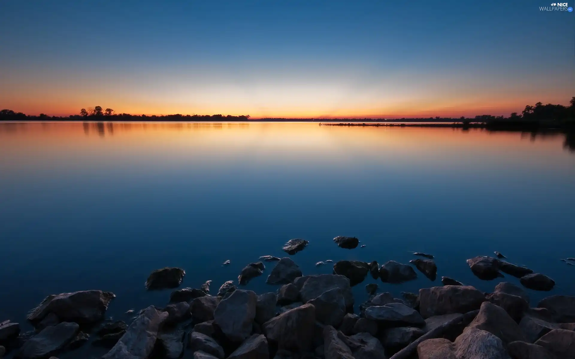 west, lake, horizon, sun