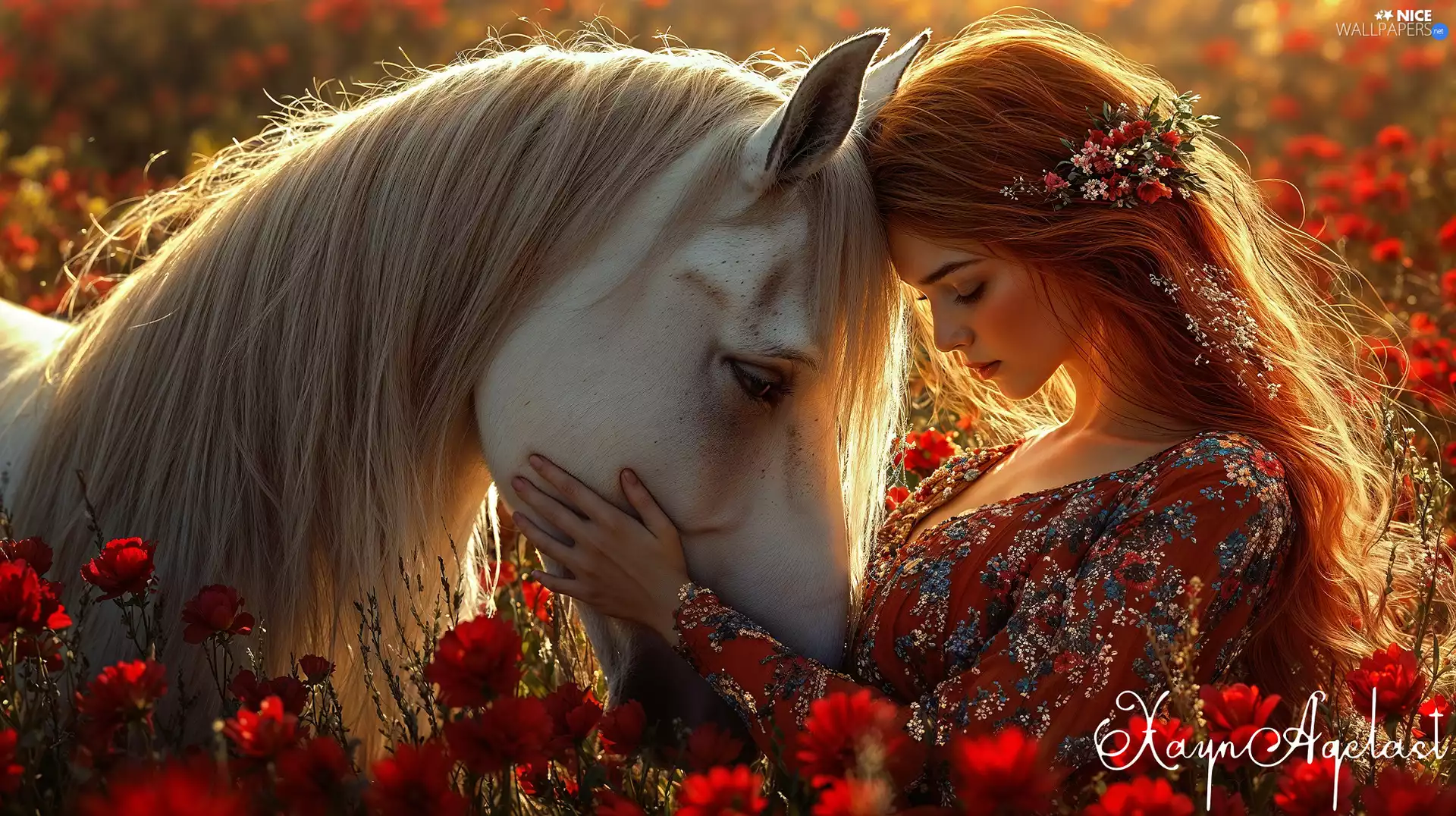 girl, Flowers, papavers, Horse
