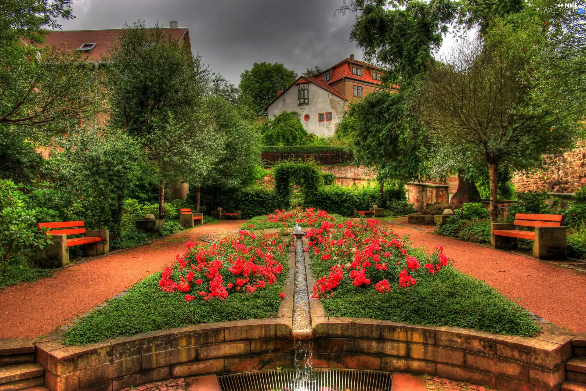 house, Garden, bench