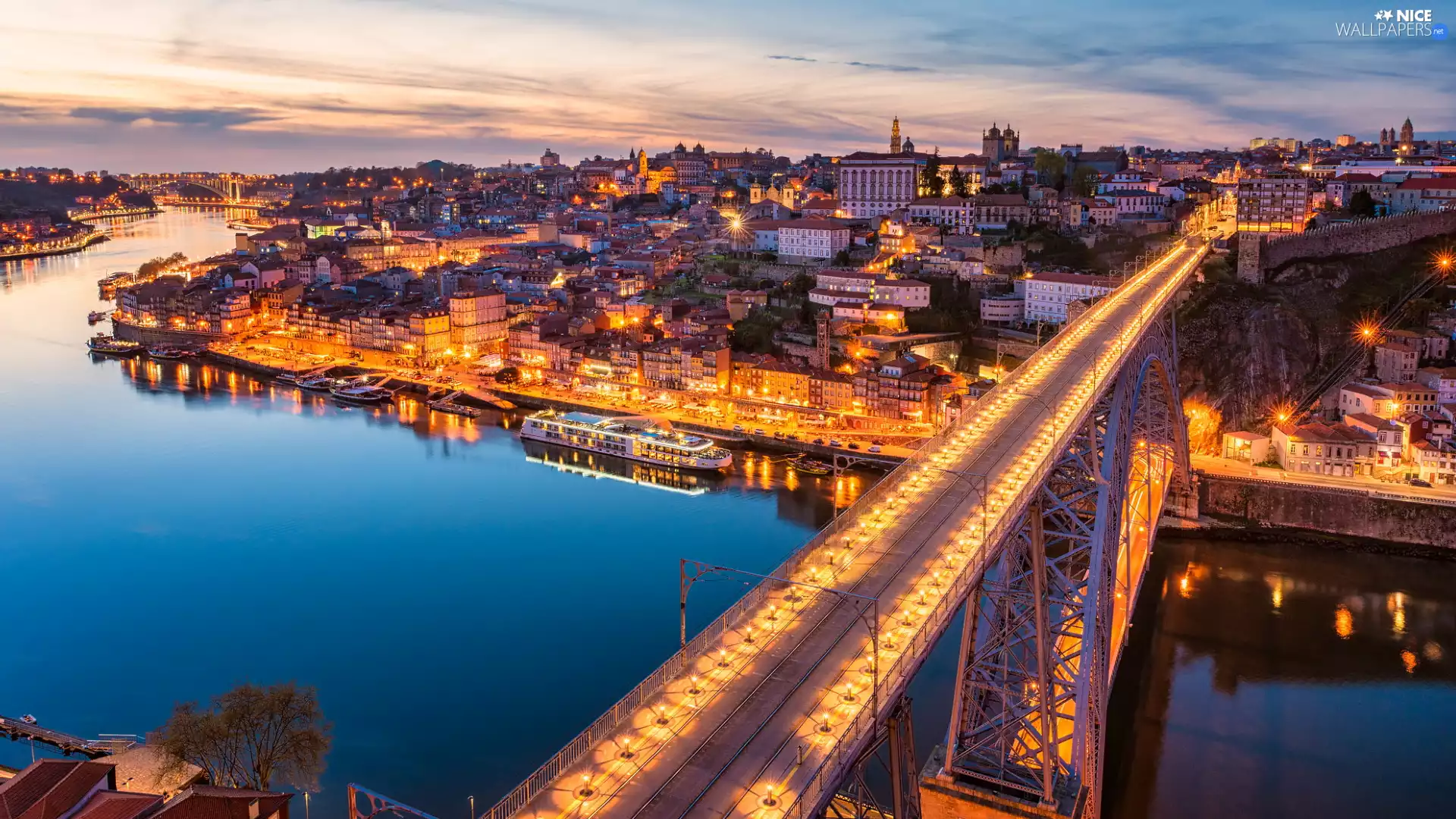 Douro River, Portugal, Floodlit, Bridge Ponte House Luís I, Ship, Porto