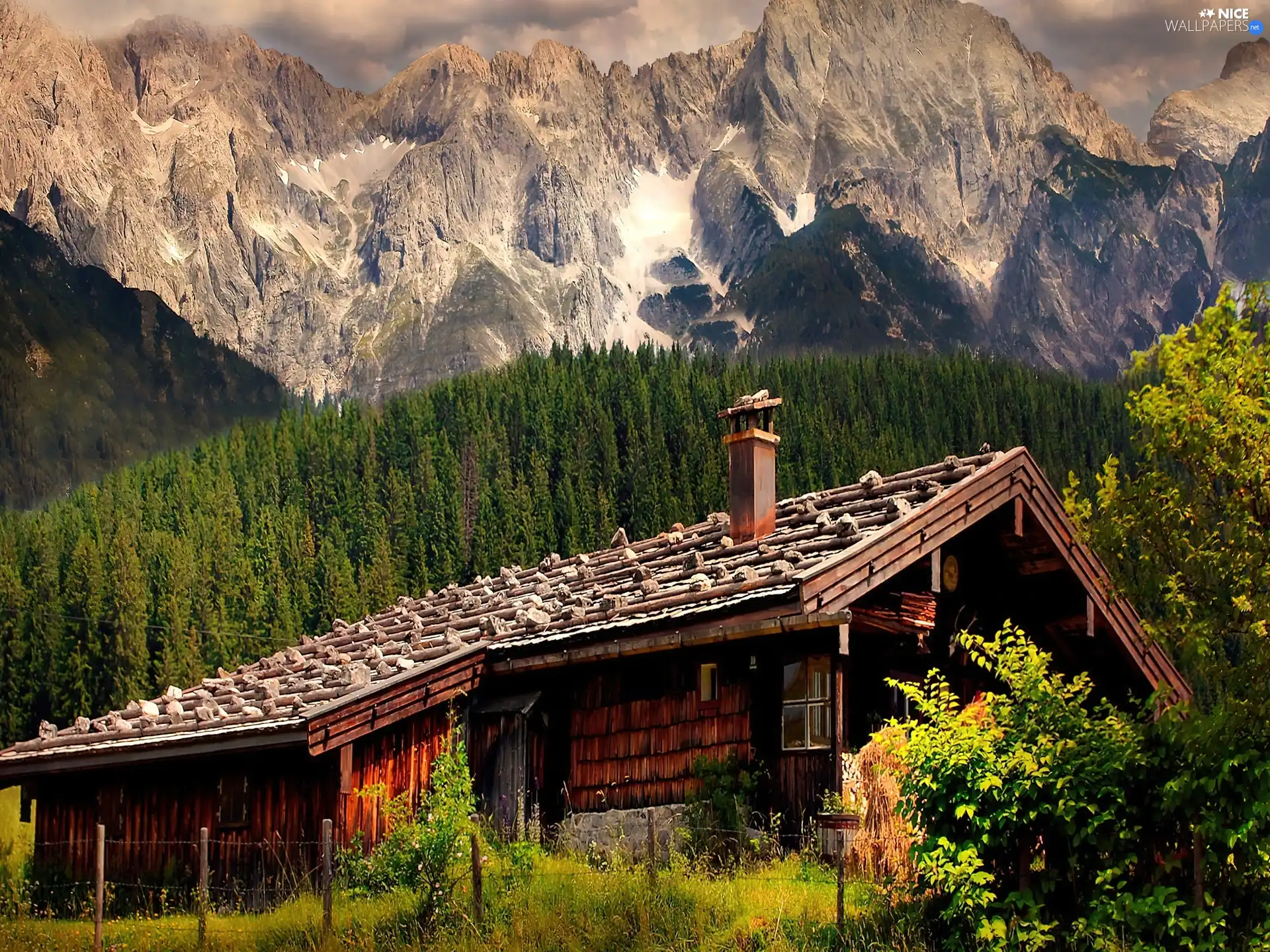 Mountains, wooden, house, forest