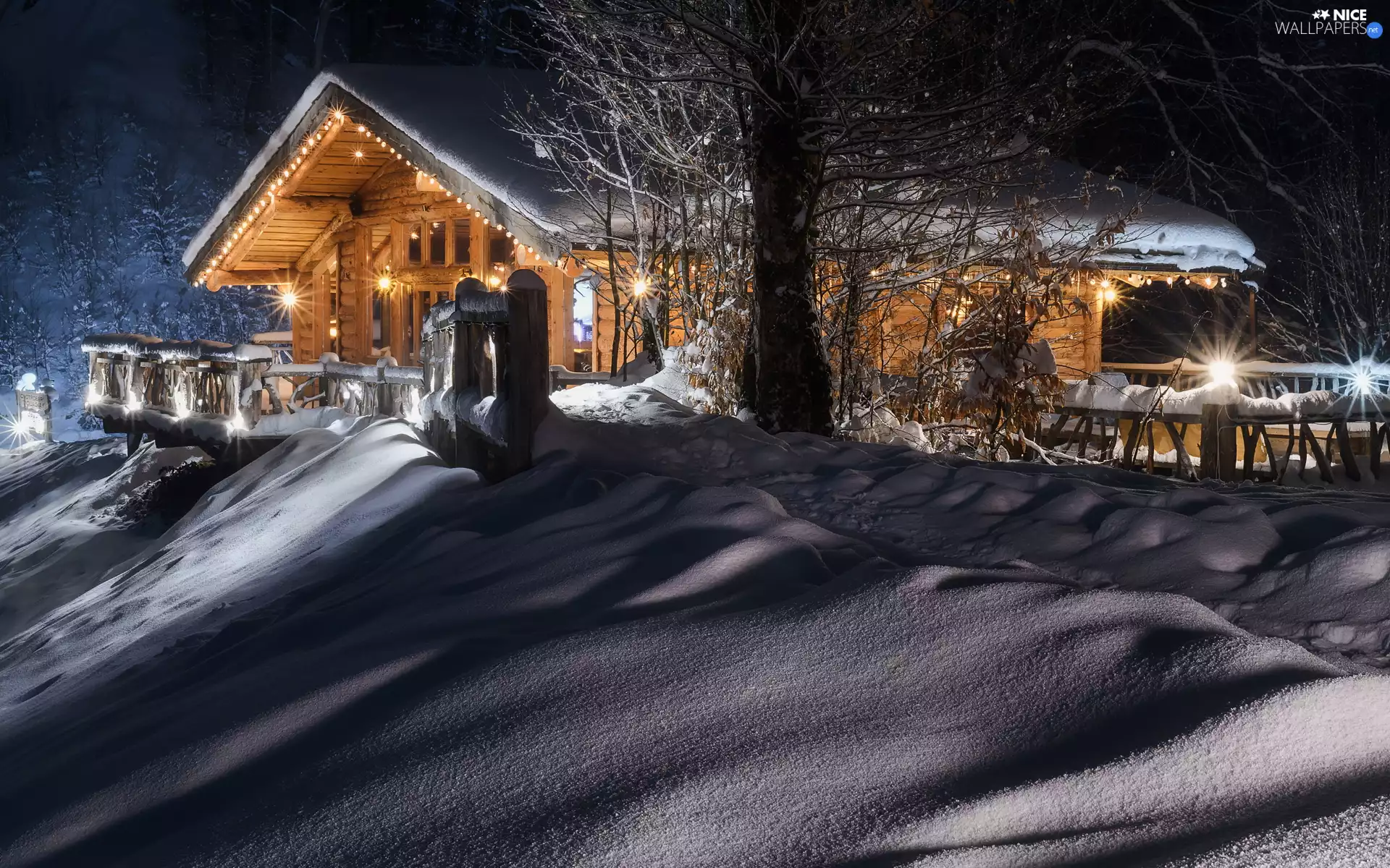 wooden, house, Night, Floodlit, winter