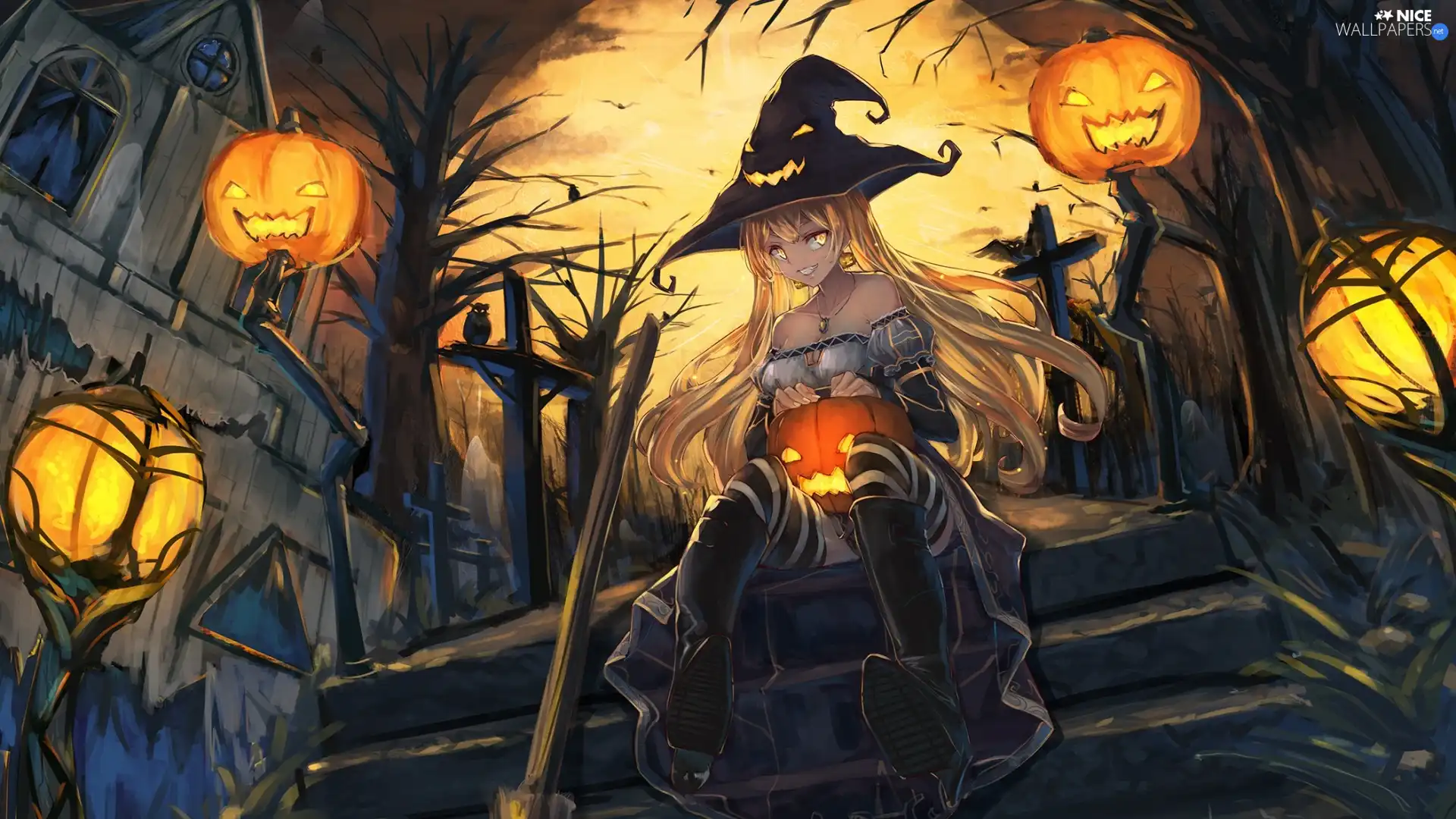 Stairs, witch, moon, girl, halloween, house, pumpkin