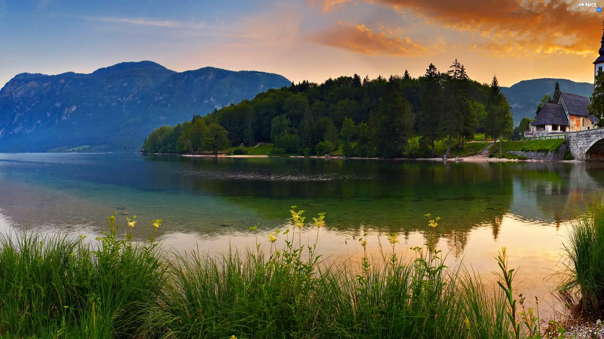 house, Great Sunsets, Mountains, forest, River
