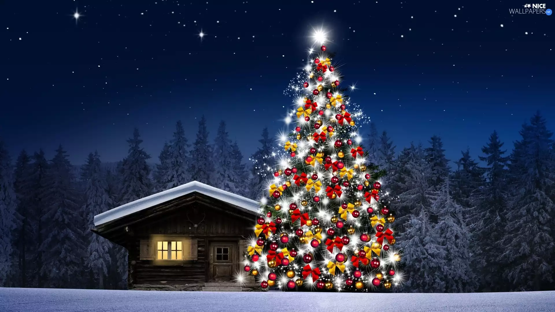 snow, 2D, wooden, house, christmas tree