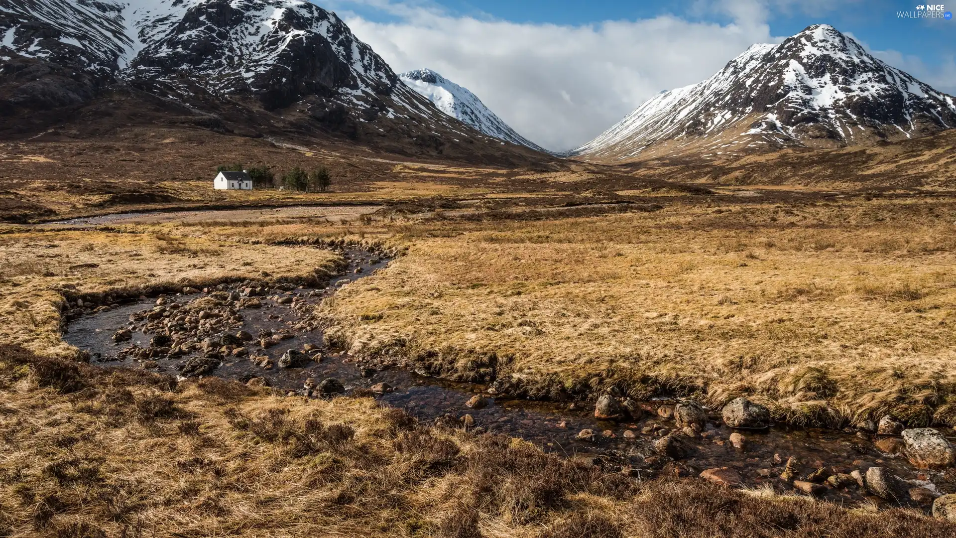 Meadow, River, viewes, Stones, trees, snow, Mountains, house