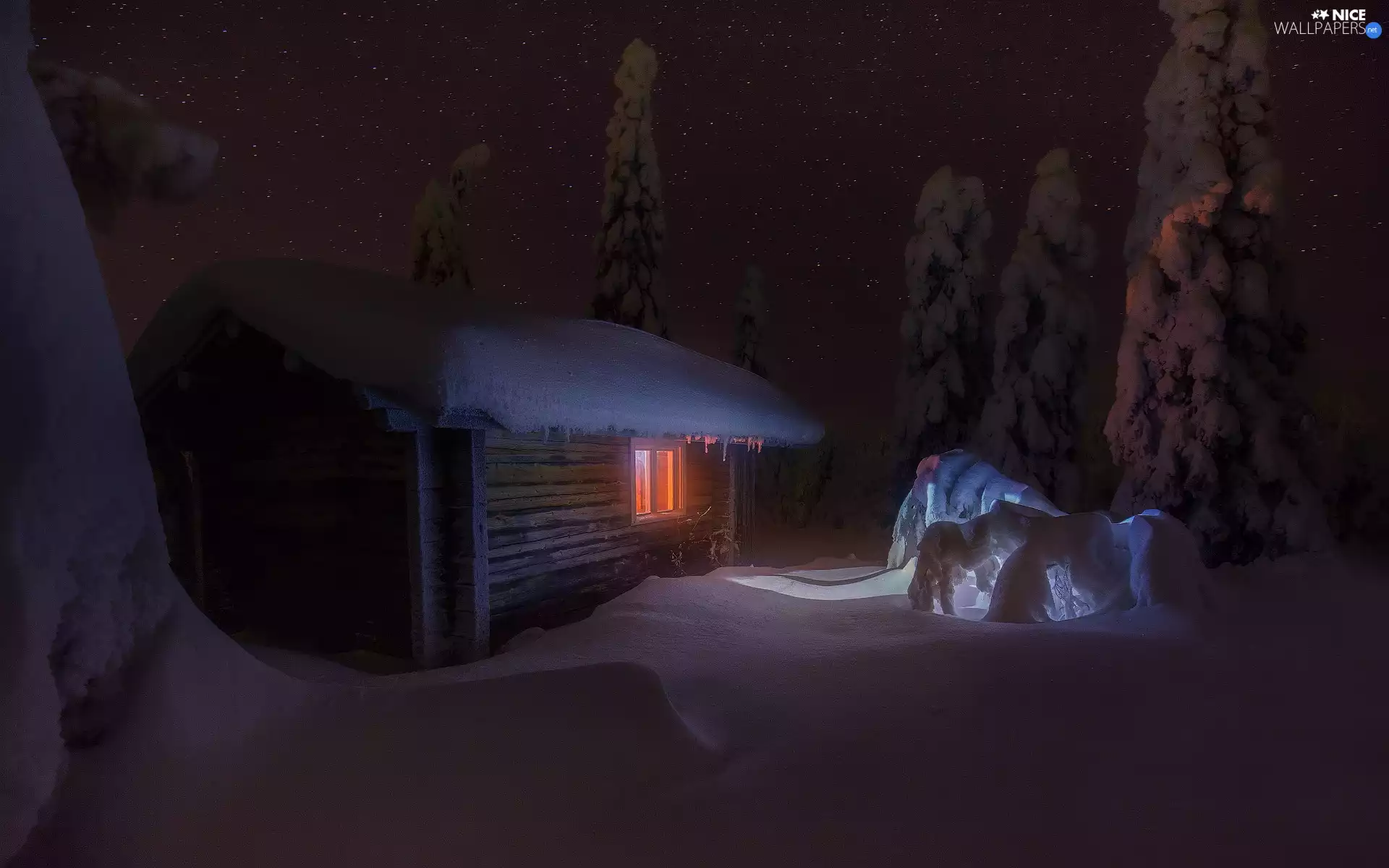 Snowy, flash, drifts, house, Night, viewes, snow, trees, ligh, winter, luminosity, Spruces, sun
