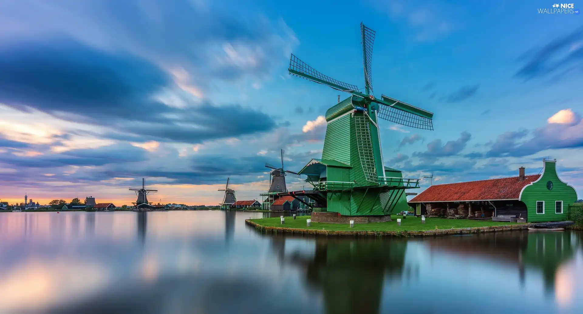 Zaanse Schans, Zaandam, lake, Skansen, Netherlands, Windmills, house
