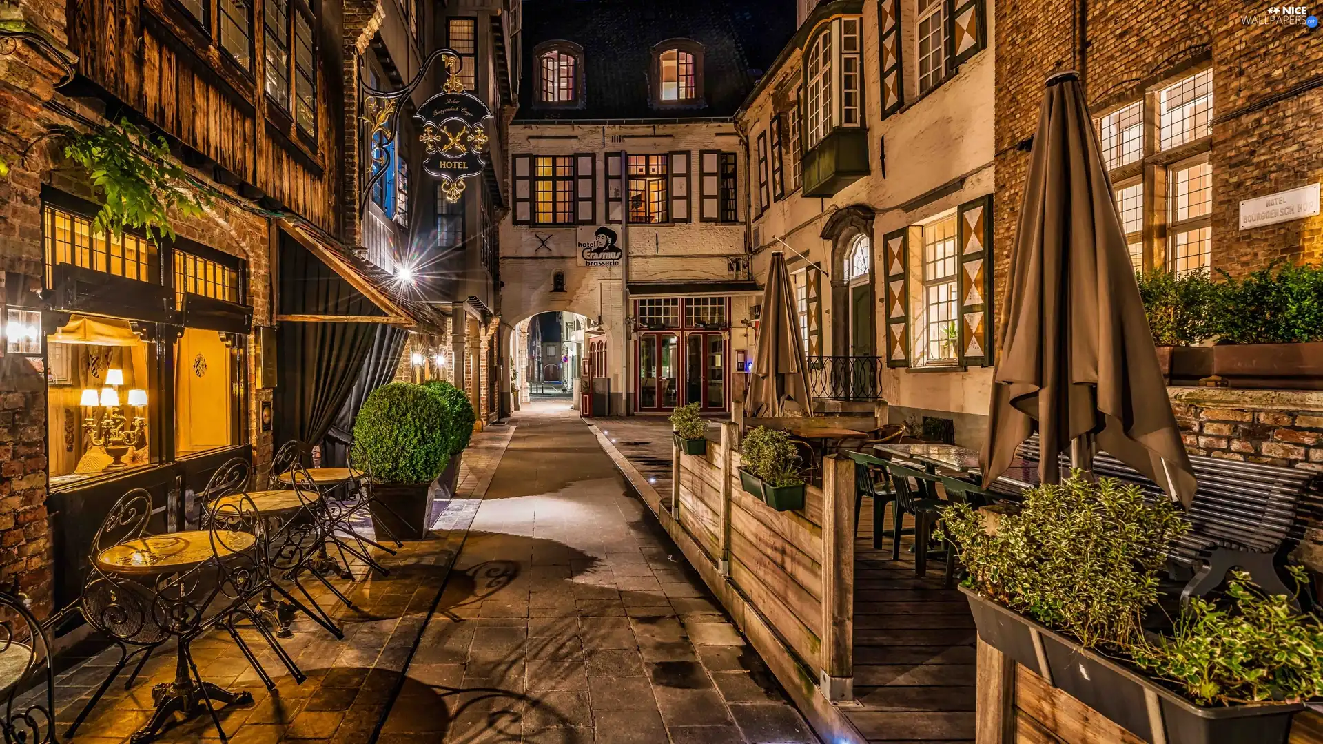 Houses, Cafes, Bruges, alley, Belgium