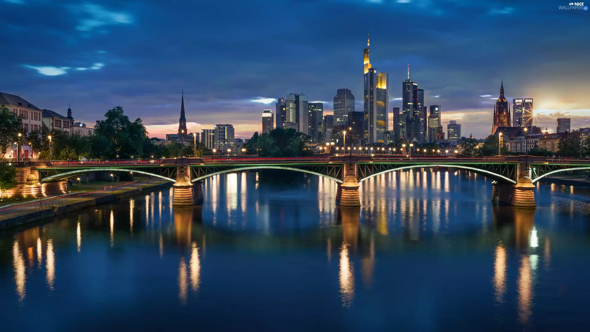 River, bridge, Germany, Houses, Frankfurt am Main