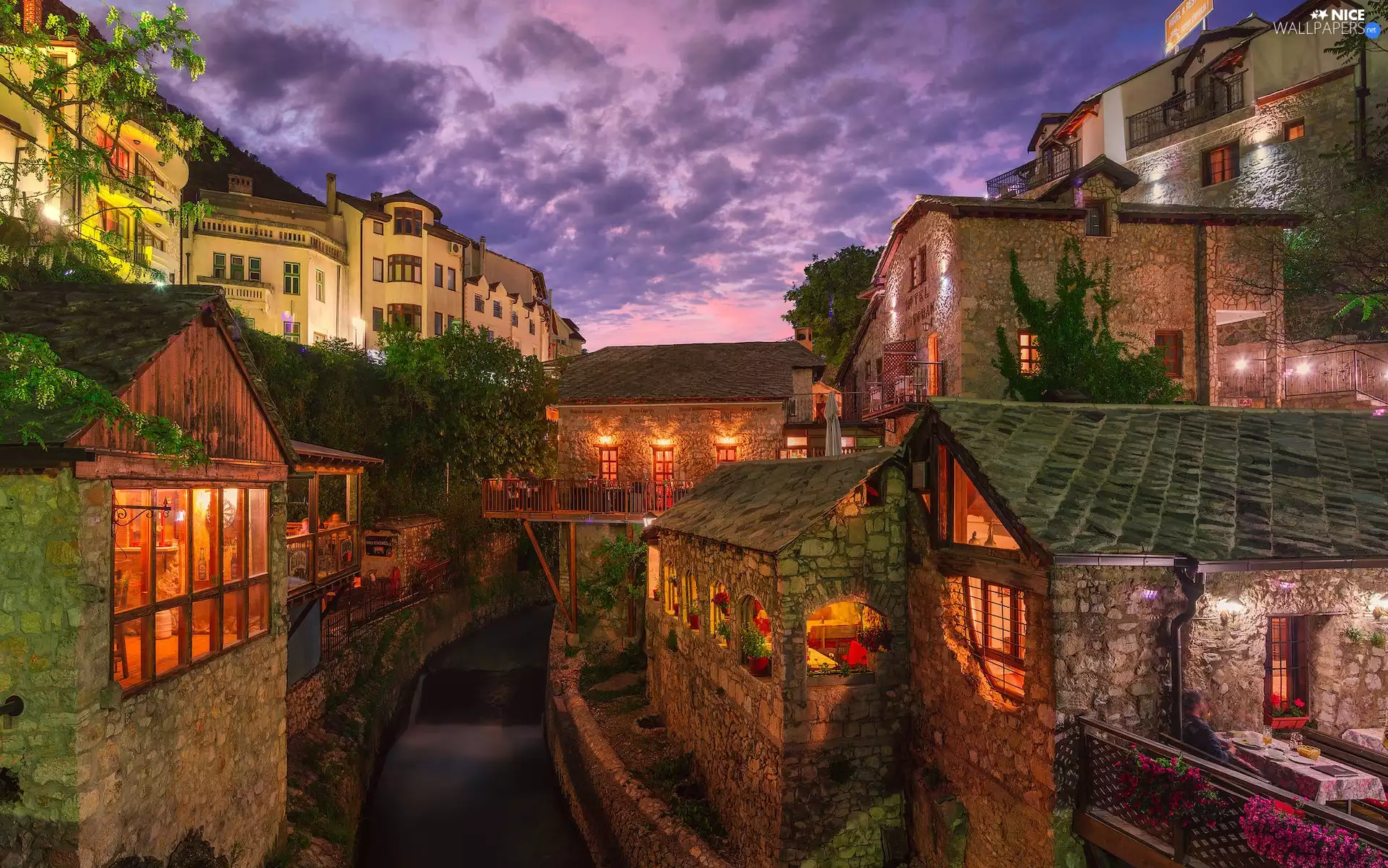 Houses, Town, canal, Mostar, Bosnia and Herzegovina, bridge, evening