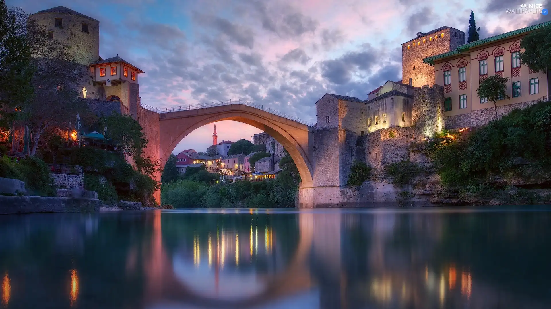 Houses, Town, River Neretva, Bosnia and Herzegovina, bridge, Mostar