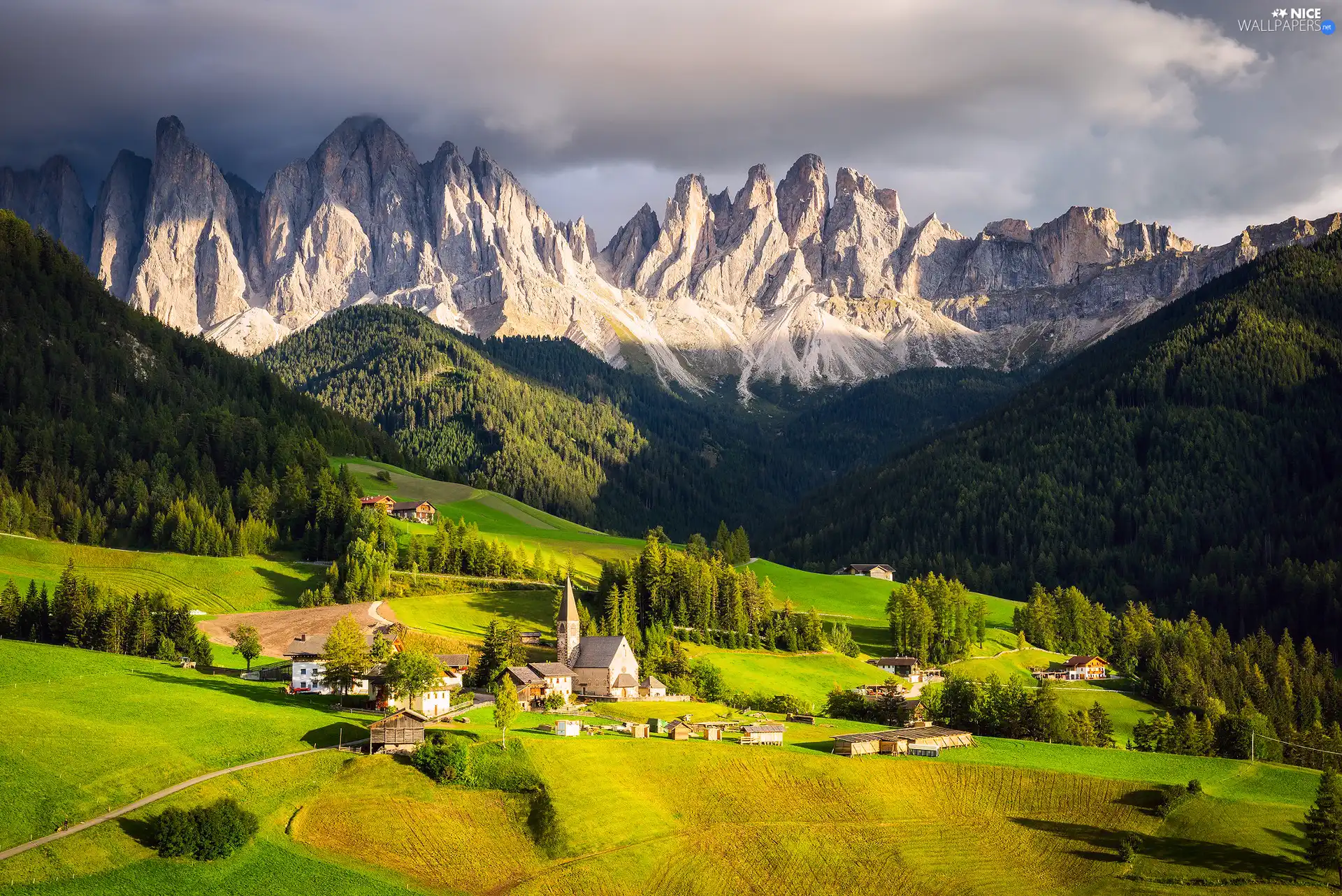 Val di Funes Valley, Dolomites Mountains, woods, Massif Odle, Italy, Village of Santa Maddalena, Houses