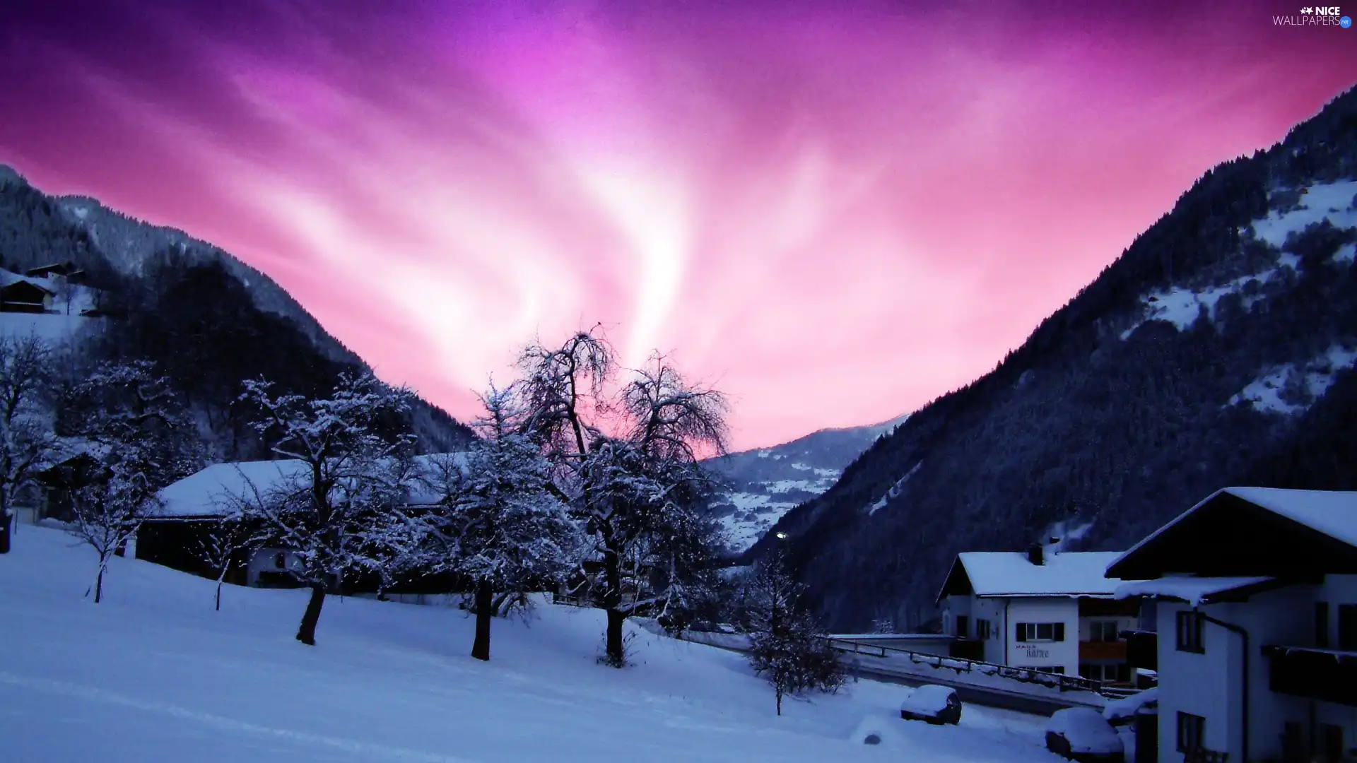 Houses, winter, Mountains