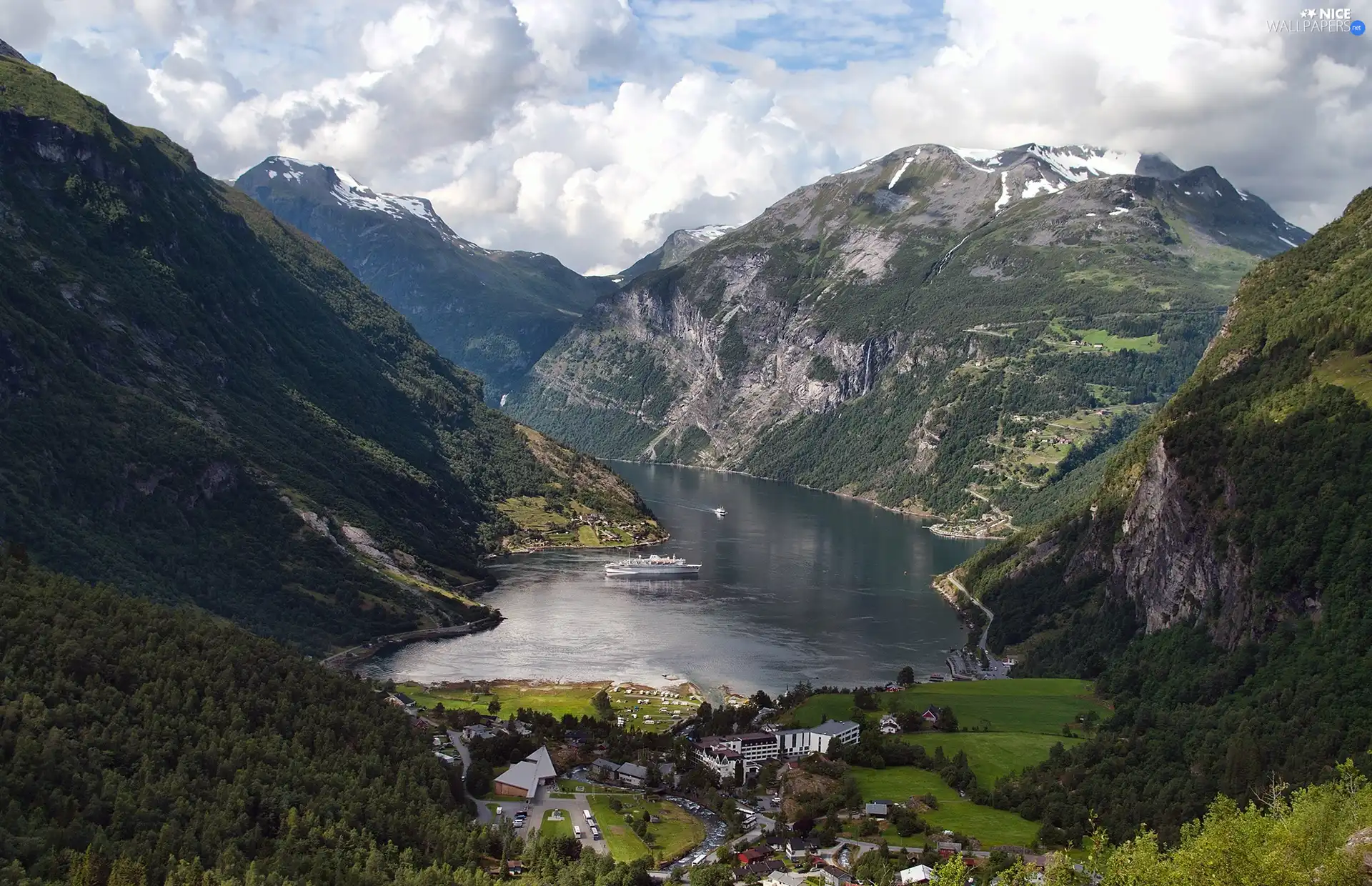 Mountains, woods, Houses, River