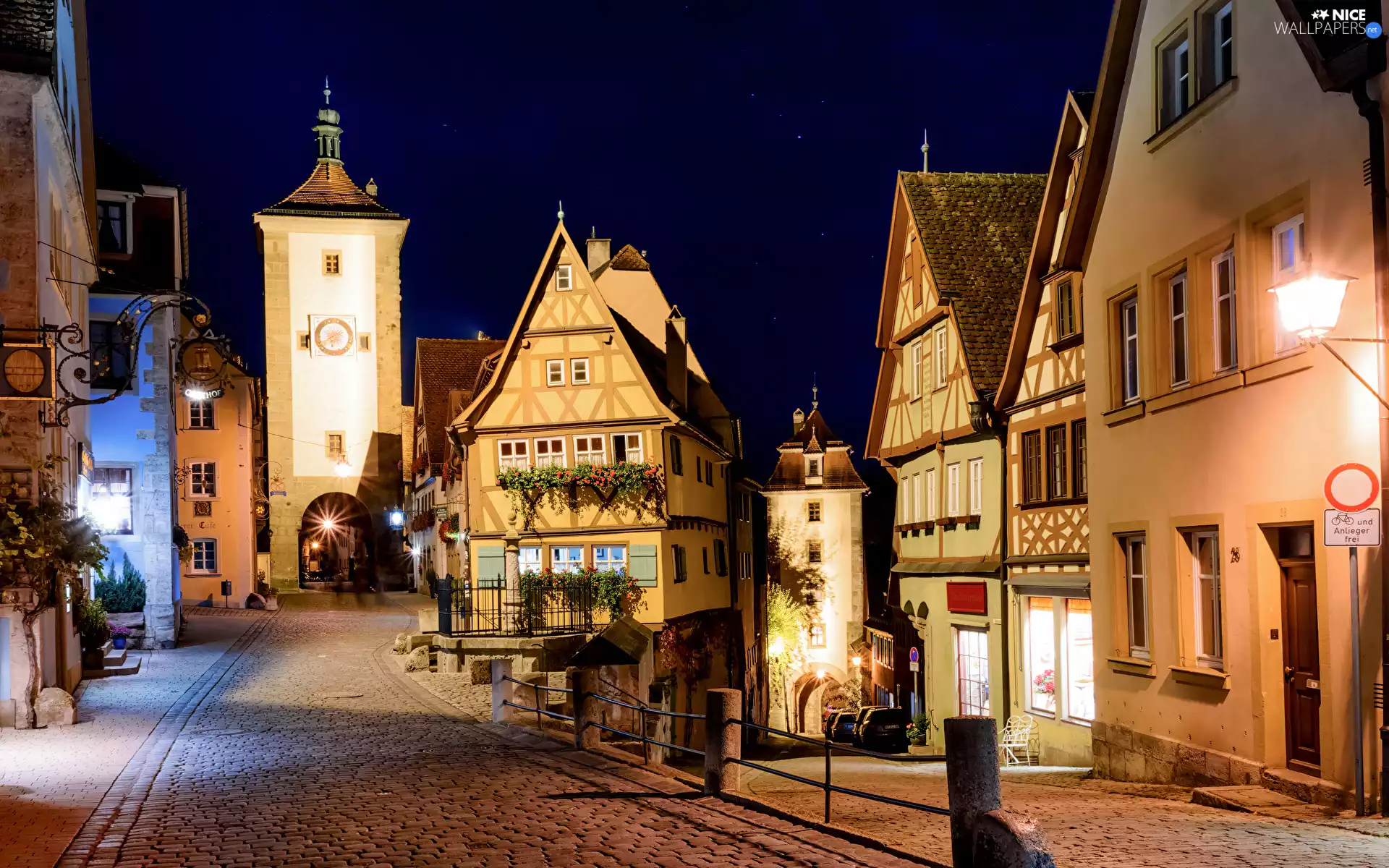 Houses, Bavaria, Street, Rothenburg ob der Tauber, Germany, Night, lanterns