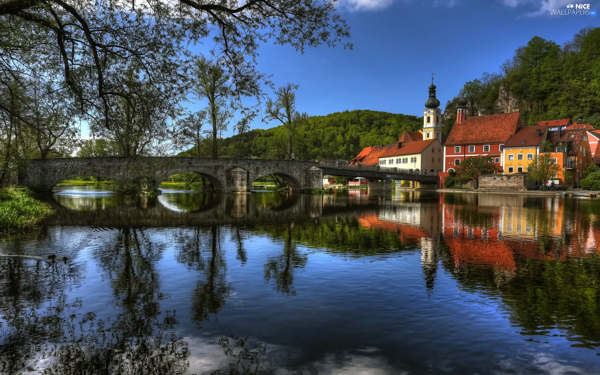 River, Church, Houses, bridge