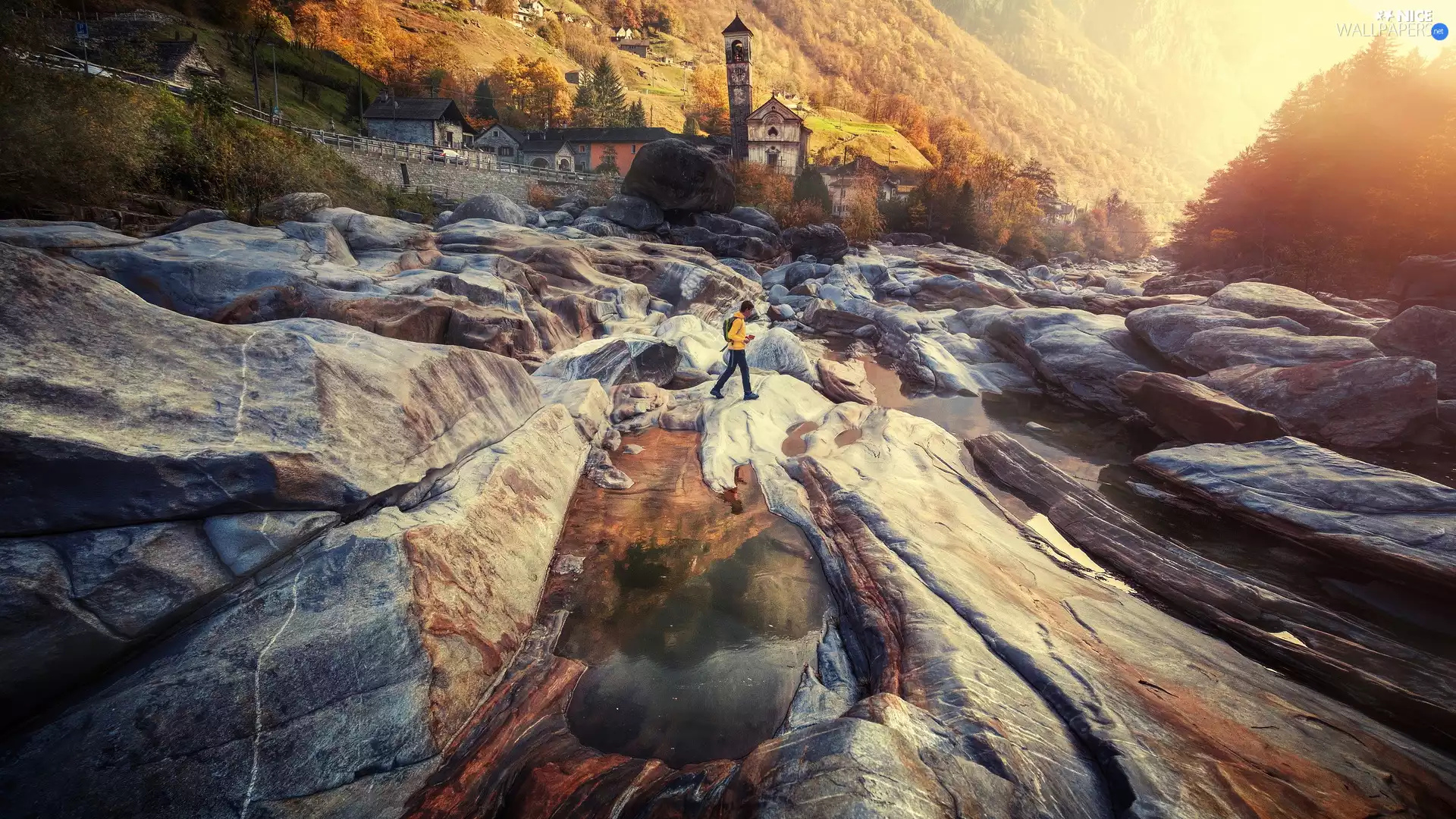 rocks, Church, a man, River, viewes, Houses, The Hills, trees, Stones
