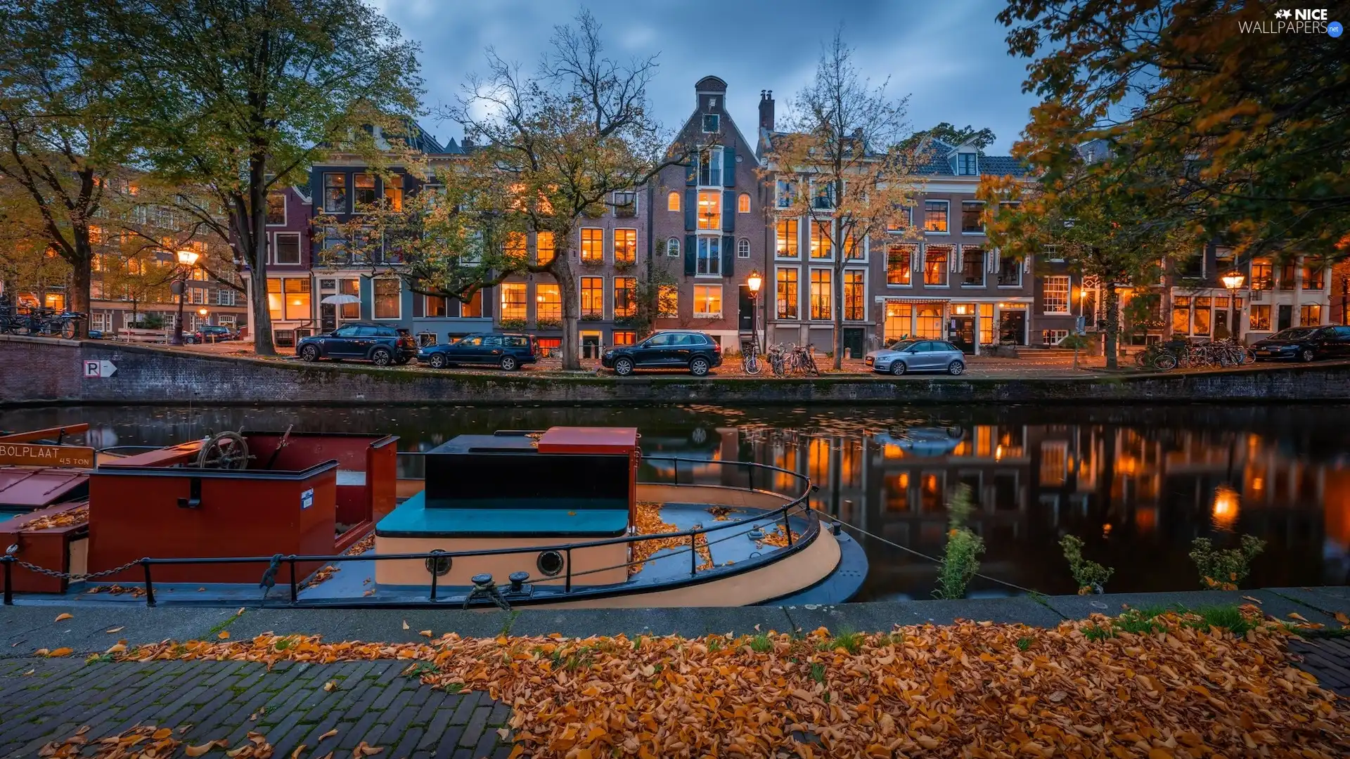 canal, Amsterdam, viewes, Houses, Netherlands, trees, autumn
