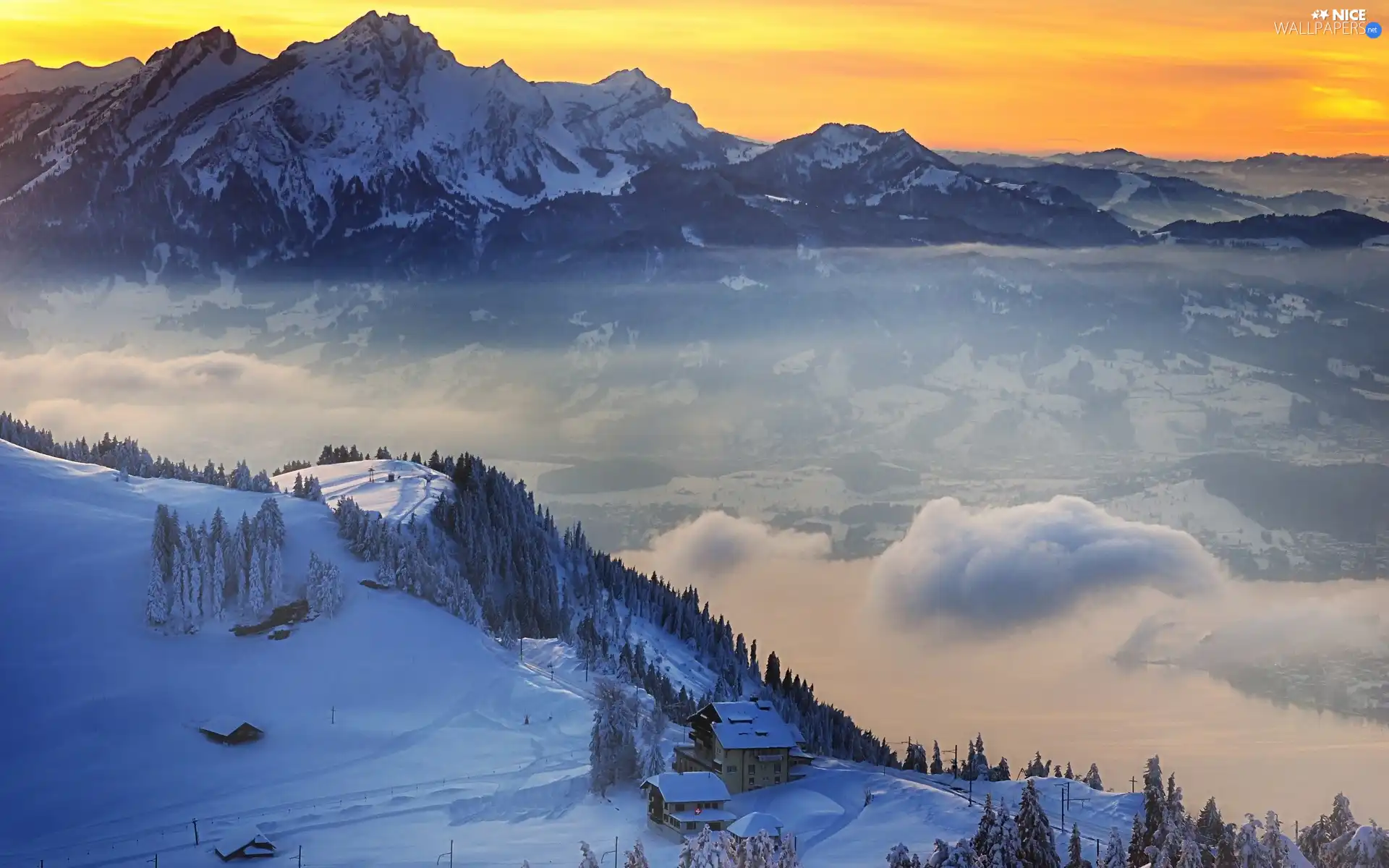 Houses, winter, woods, clouds, Mountains