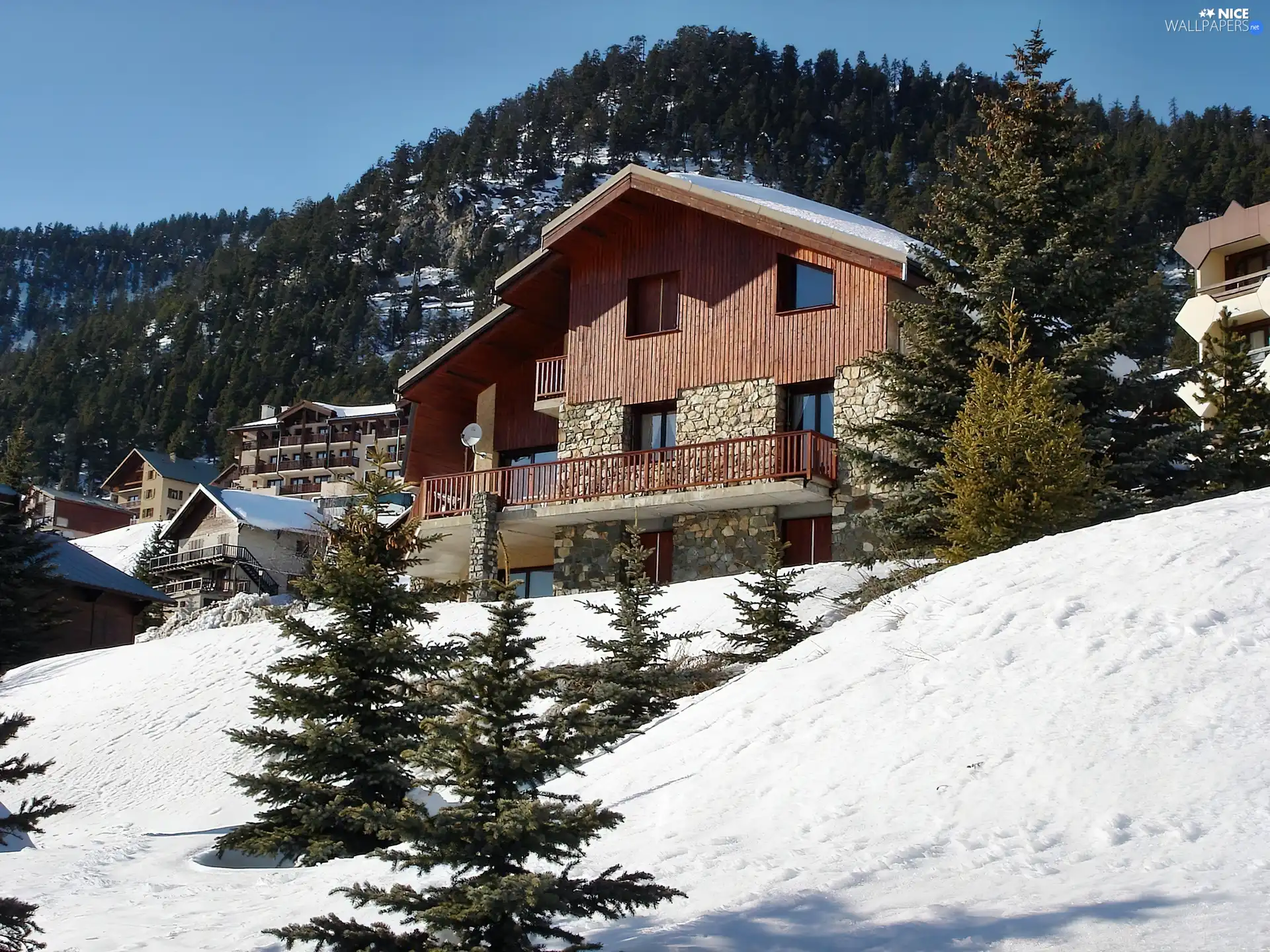 winter, woods, Houses, Mountains