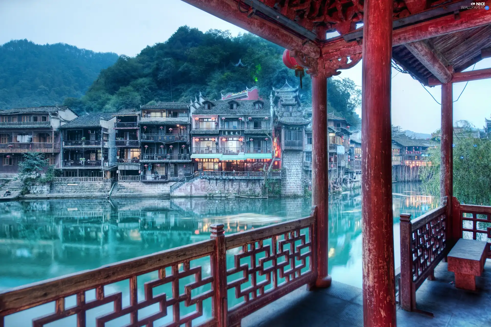 old, Houses, Feng Huang, China, Town, River