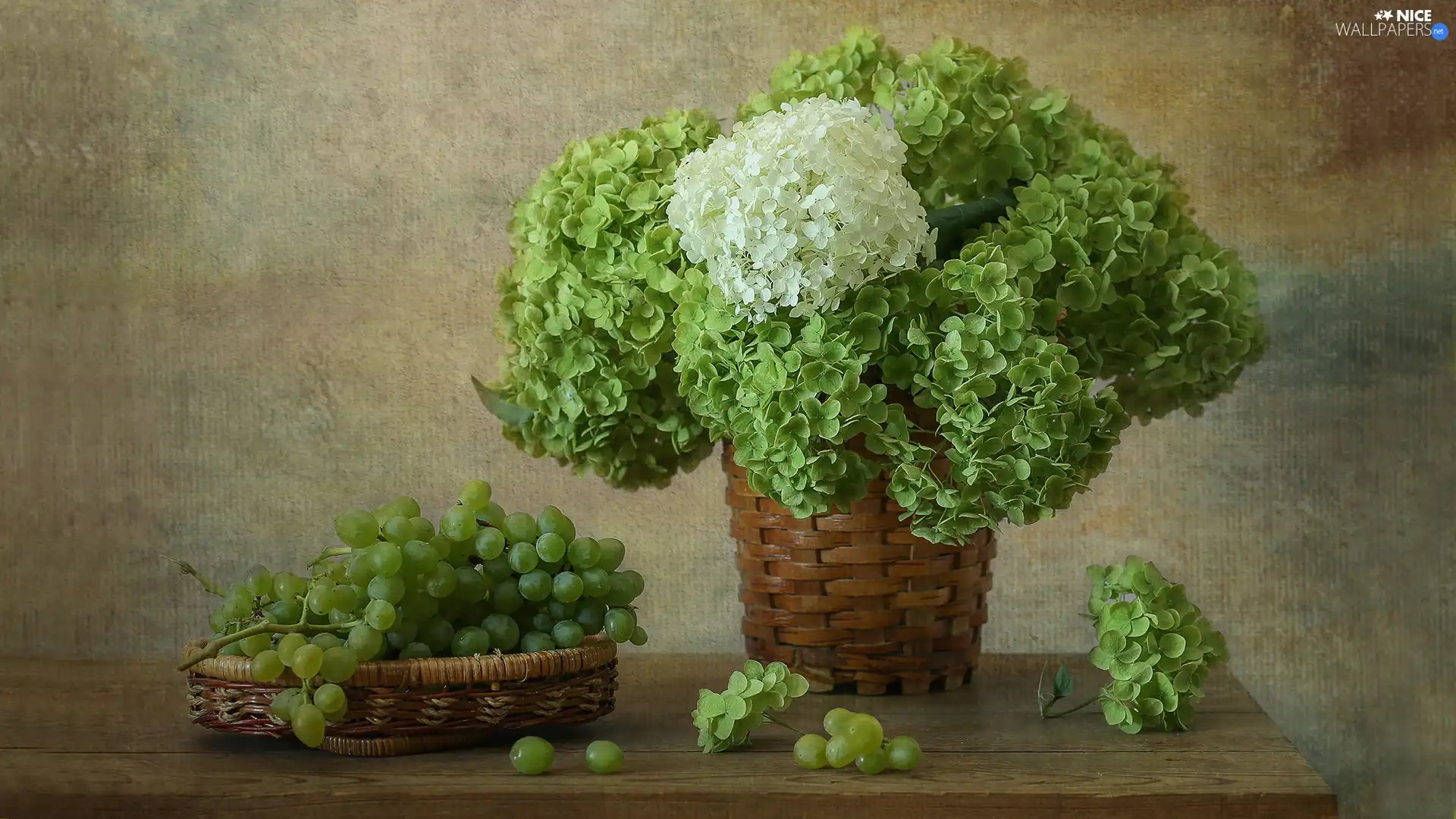 composition, Grapes, Baskets, hydrangeas