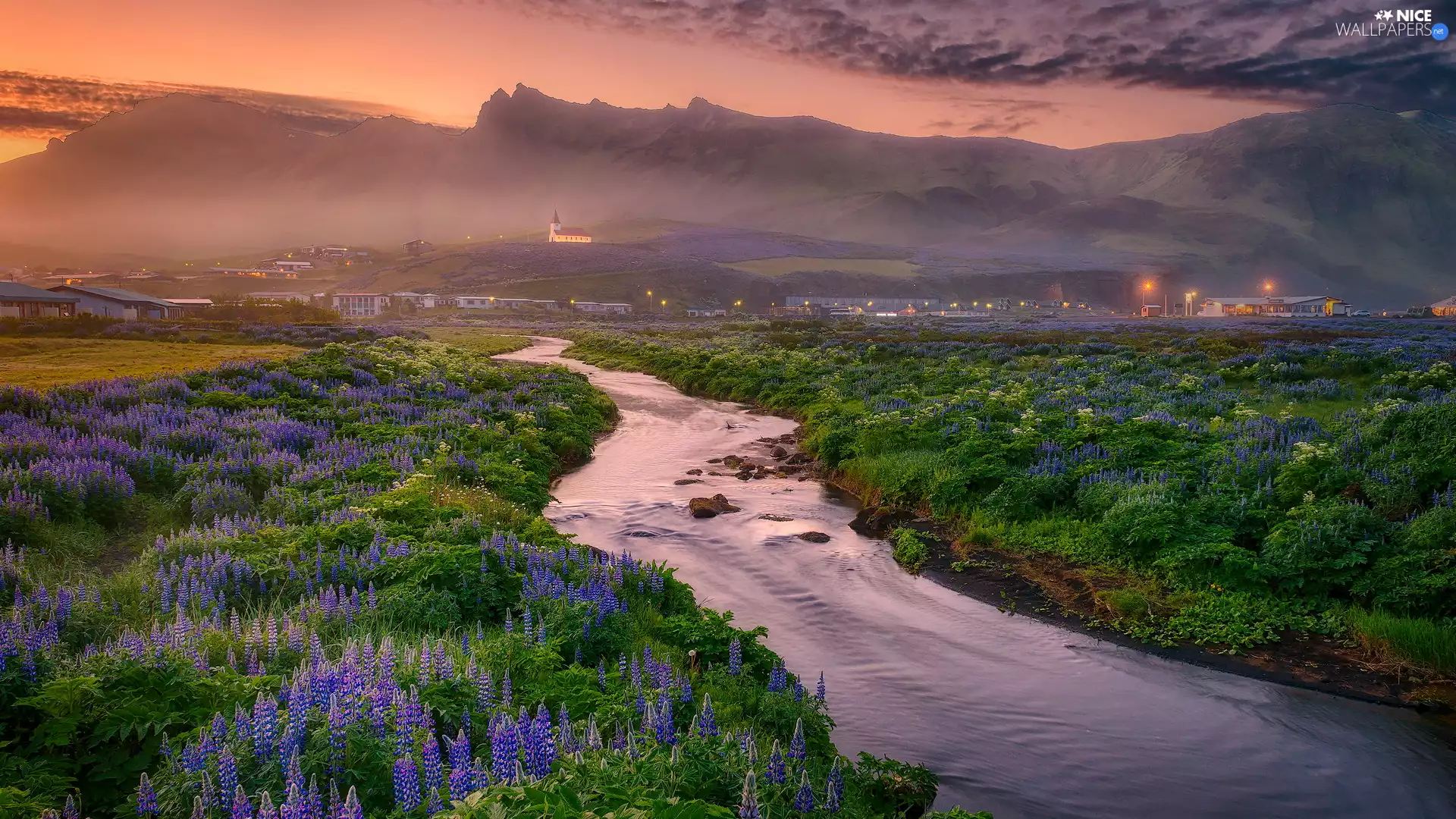 River, Mountains, iceland, Church, Myrdalshreppur Municipality, lupine, Meadow, Vík í Mýrdal Village