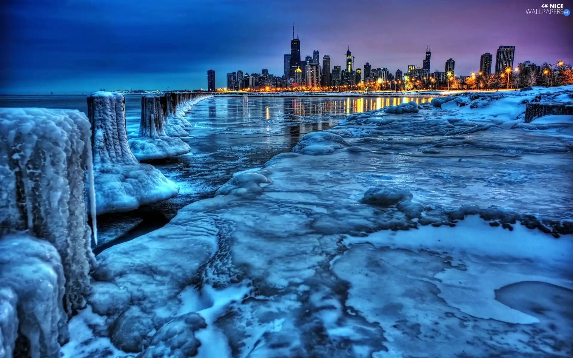 night, panorama, Michigan, Icecream, lake, Chicago