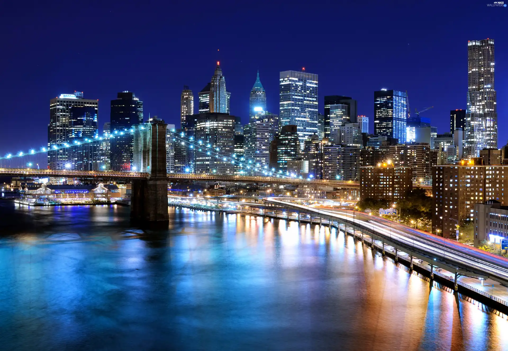 Town, buildings, illuminated, Night