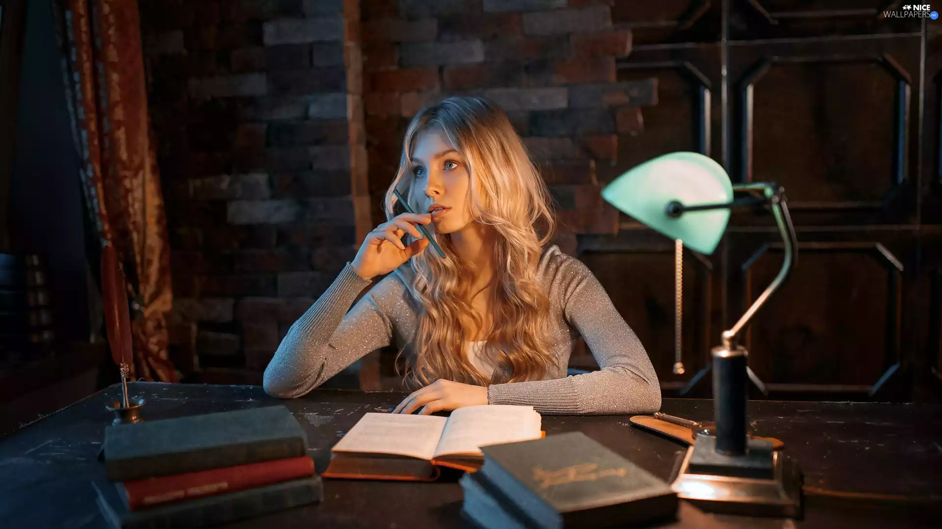 Lamp, interior, Blonde, Books, Women