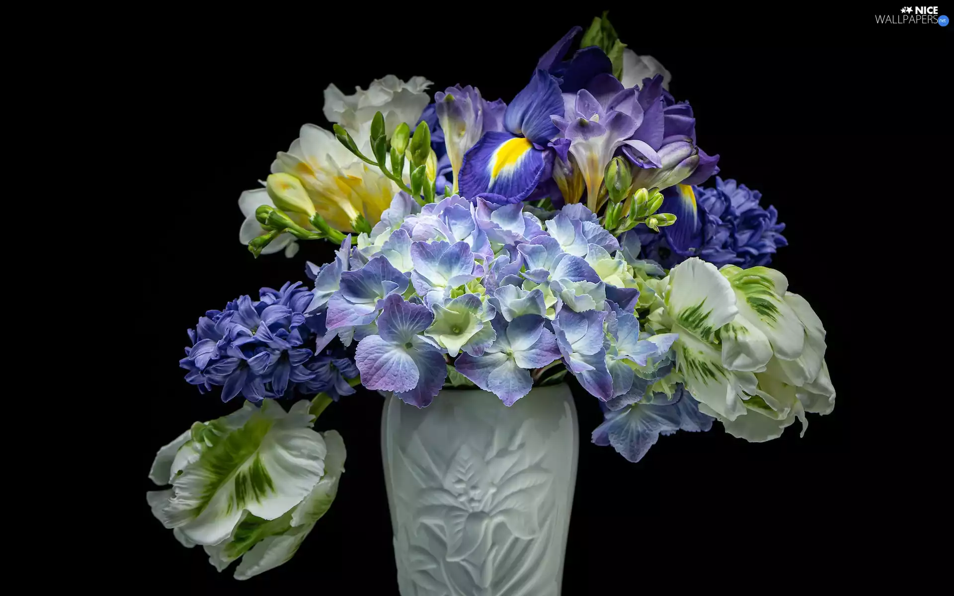 hydrangea, freesia, Vase, Tulips, hyacinth, flowers, bouquet, iris
