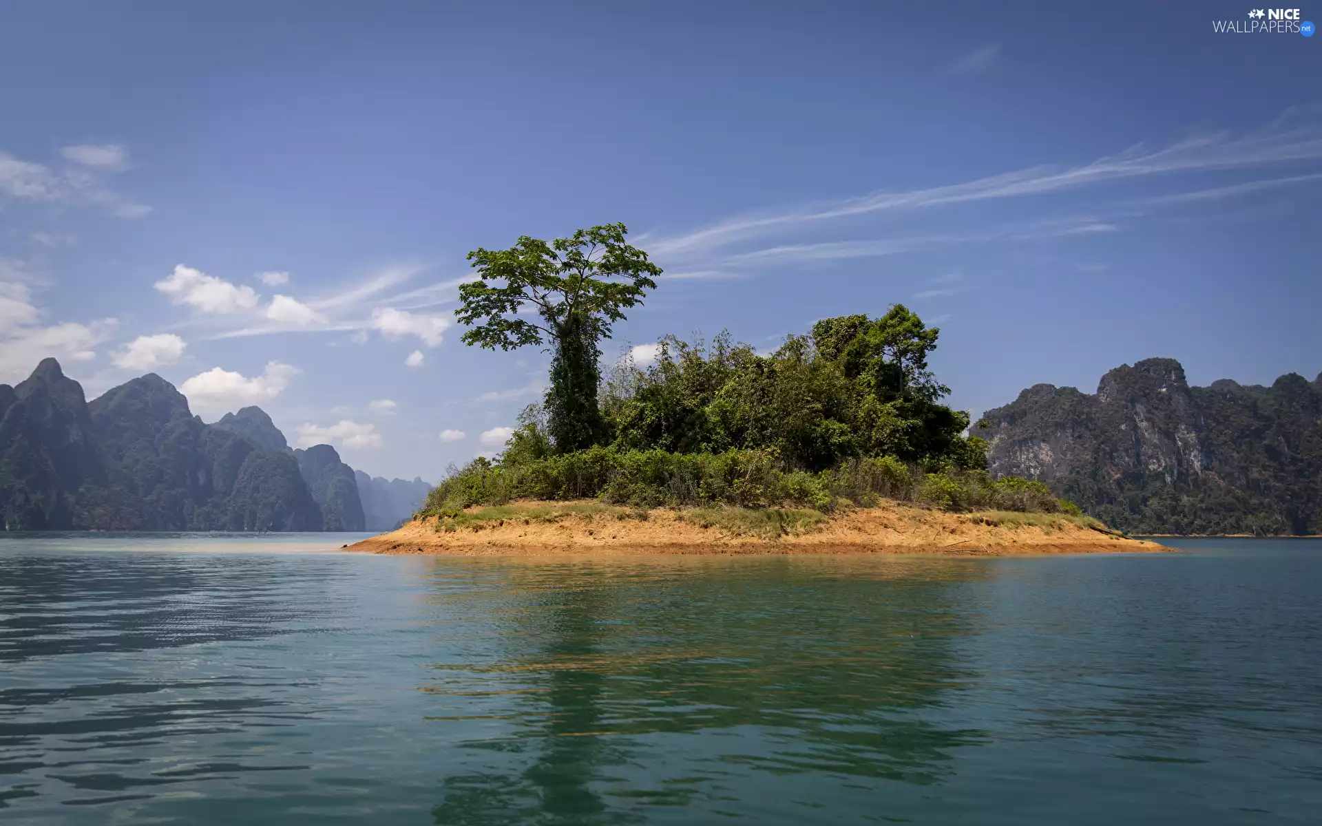 viewes, Island, lake, trees, Mountains