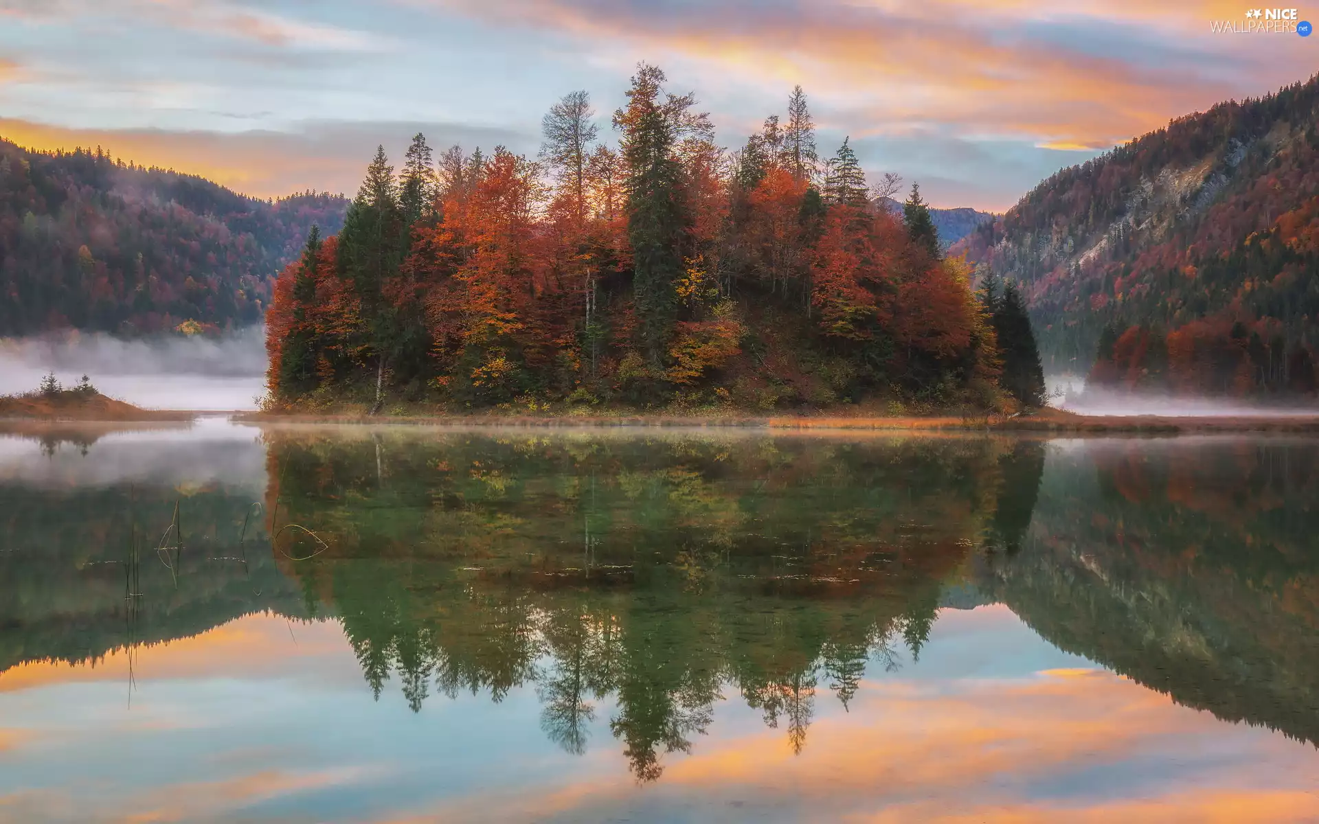 trees, lake, Mountains, Island, autumn, viewes, woods