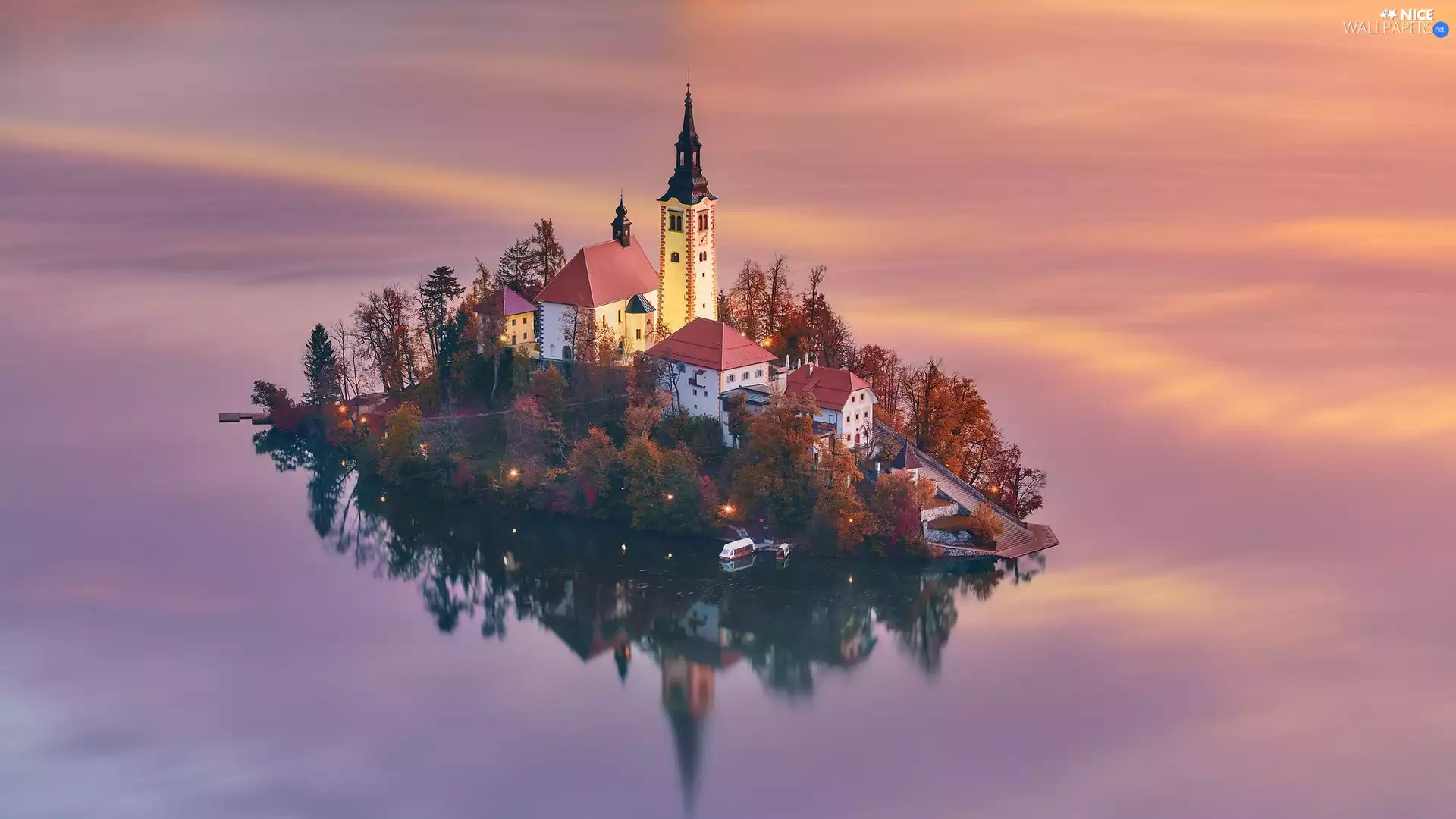 Island, Bled Island, viewes, Church, trees, Lake Bled, Slovenia, Houses